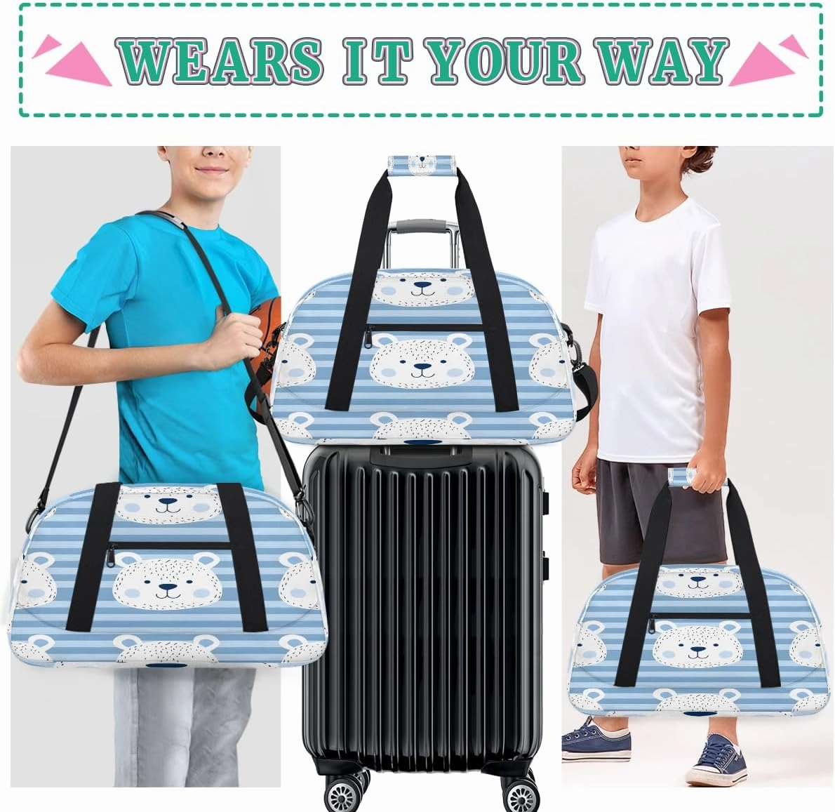 Cute Bears Grid Kids Overnighter Duffel Bags for Boys, Carry-On Size Sports Gym Bag with Front Zipper Pocket for School Practice or Overnight Travel Weekender Sleepover Tote Bag