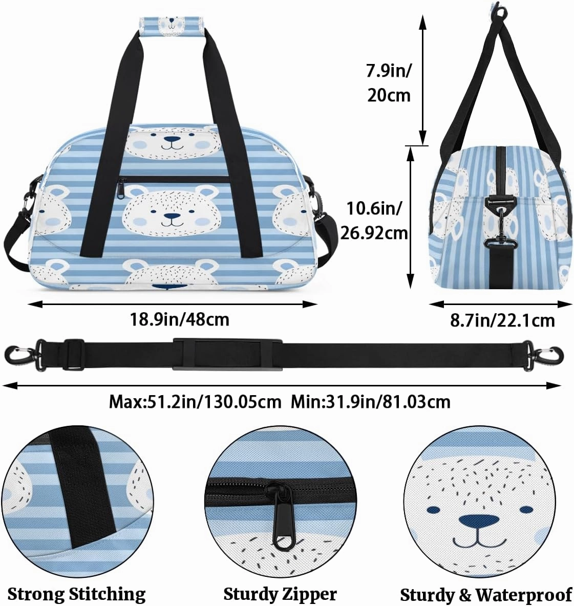 Cute Bears Grid Kids Overnighter Duffel Bags for Boys, Carry-On Size Sports Gym Bag with Front Zipper Pocket for School Practice or Overnight Travel Weekender Sleepover Tote Bag