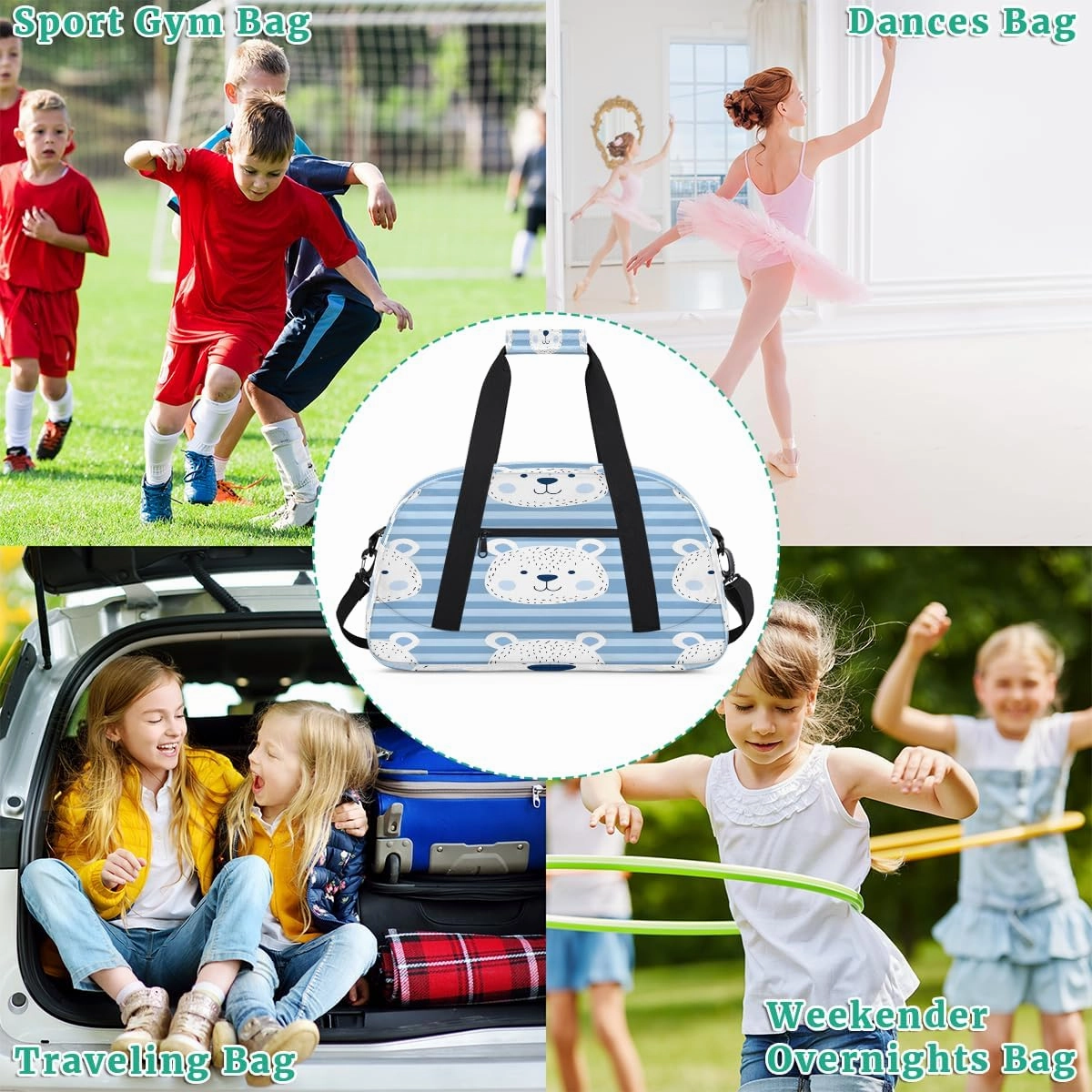 Cute Bears Grid Kids Overnighter Duffel Bags for Boys, Carry-On Size Sports Gym Bag with Front Zipper Pocket for School Practice or Overnight Travel Weekender Sleepover Tote Bag