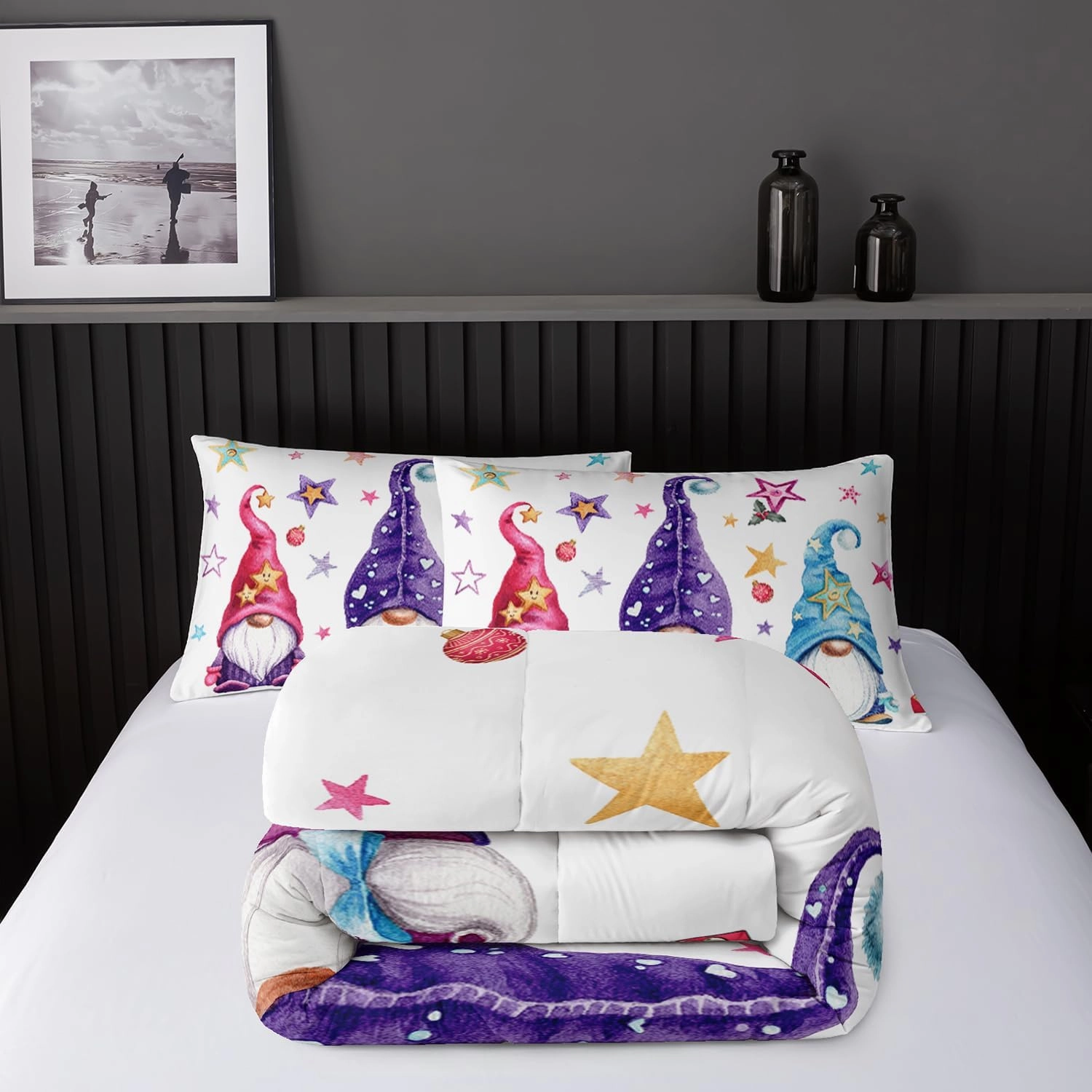 Cute Gnome Comforter Set, Christmas Gnomes Comforter Set,Christmas Dwarf Red Blue Theme Down Comforter for Kids Boys Girls Teens Room Decor Queen Bed in a Bag for Teens with 2 Pillowcases