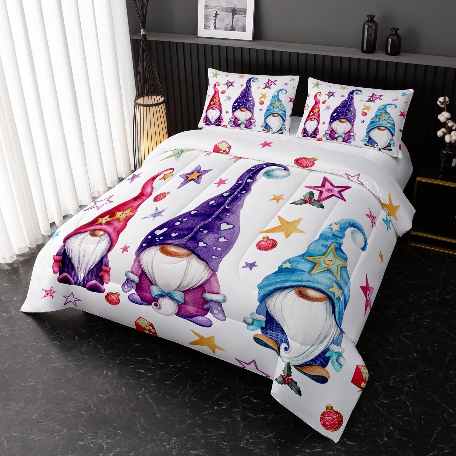 Cute Gnome Comforter Set, Christmas Gnomes Comforter Set,Christmas Dwarf Red Blue Theme Down Comforter for Kids Boys Girls Teens Room Decor Queen Bed in a Bag for Teens with 2 Pillowcases