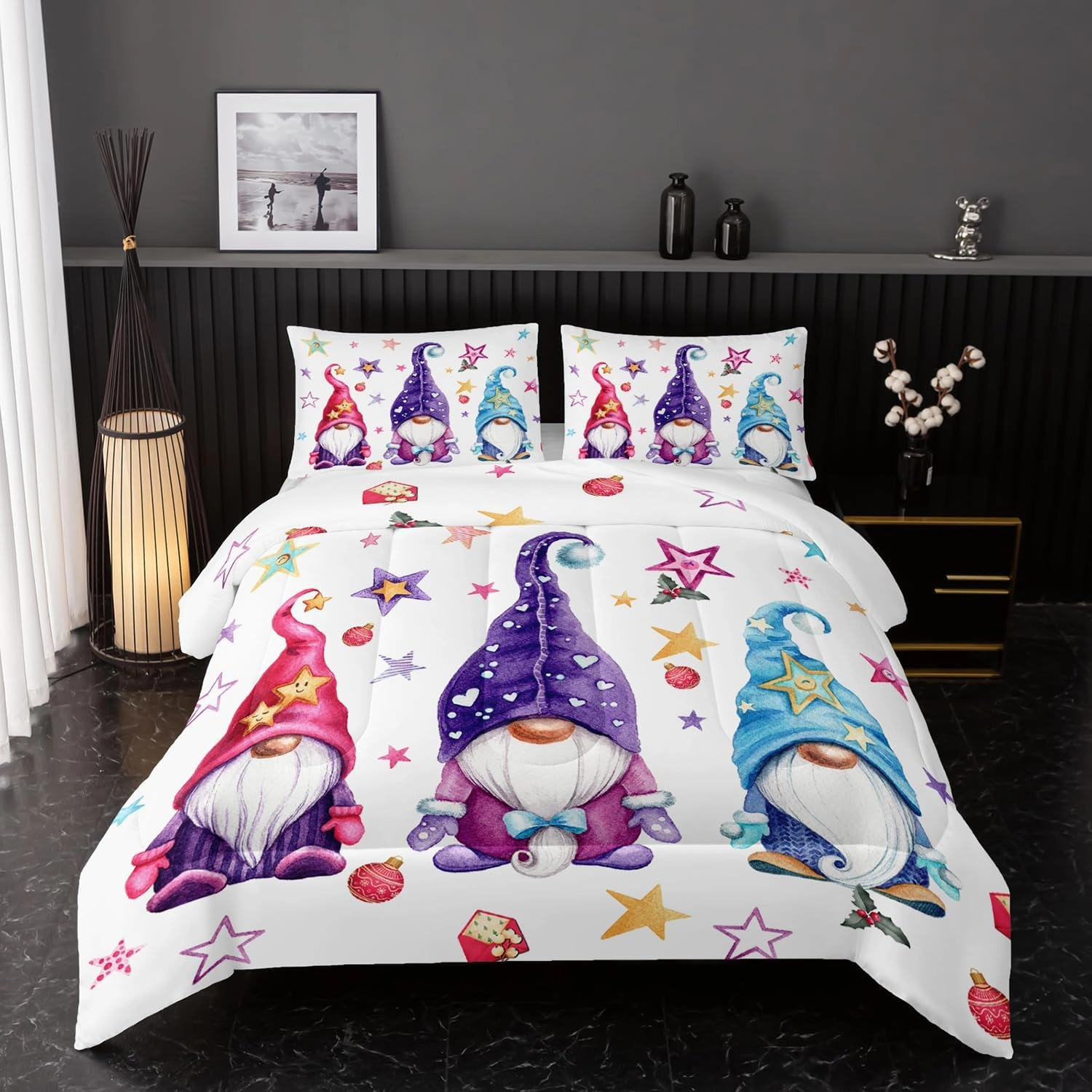 Cute Gnome Comforter Set, Christmas Gnomes Comforter Set,Christmas Dwarf Red Blue Theme Down Comforter for Kids Boys Girls Teens Room Decor Queen Bed in a Bag for Teens with 2 Pillowcases