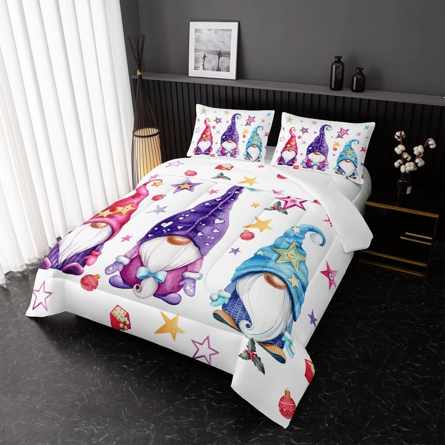 Cute Gnome Comforter Set, Christmas Gnomes Comforter Set,Christmas Dwarf Red Blue Theme Down Comforter for Kids Boys Girls Teens Room Decor Queen Bed in a Bag for Teens with 2 Pillowcases