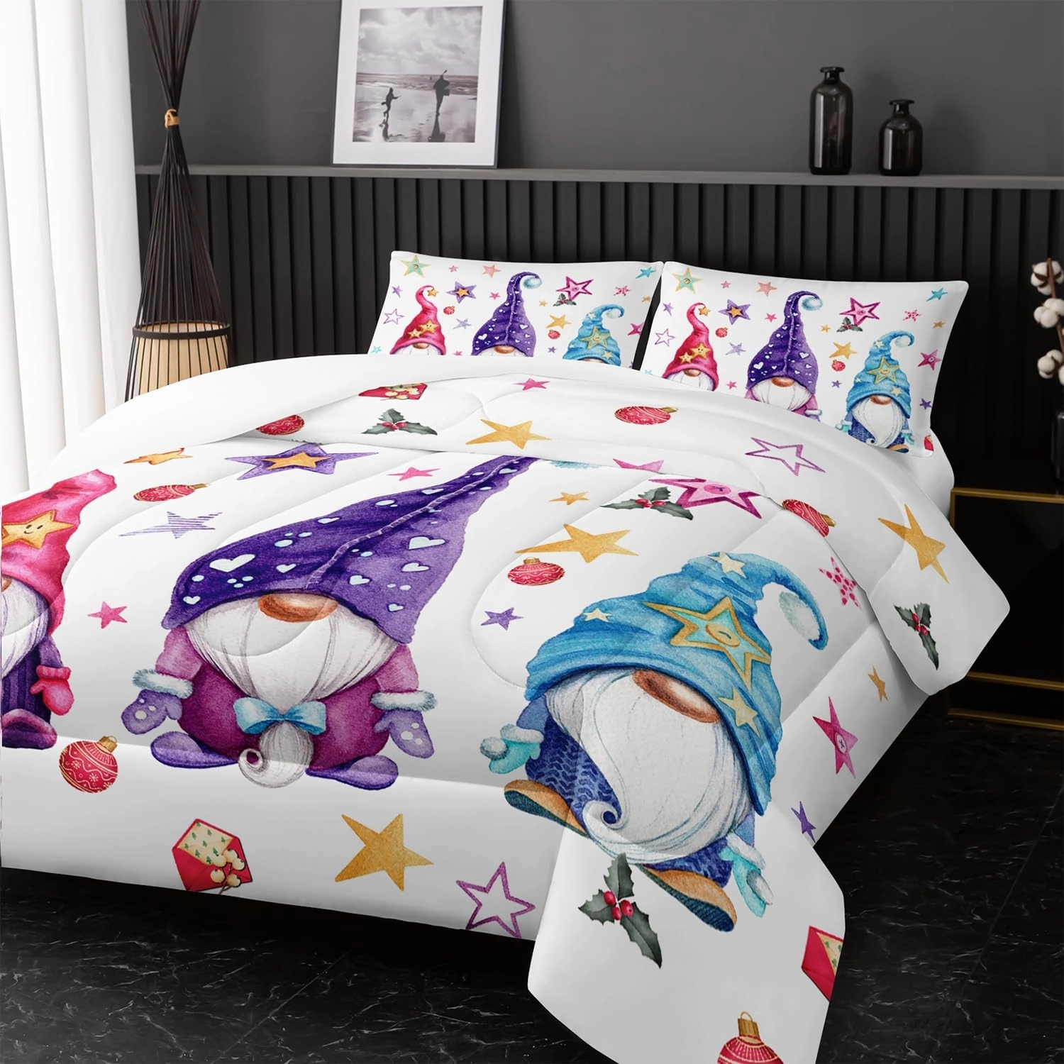 Cute Gnome Comforter Set, Christmas Gnomes Comforter Set,Christmas Dwarf Red Blue Theme Down Comforter for Kids Boys Girls Teens Room Decor Queen Bed in a Bag for Teens with 2 Pillowcases