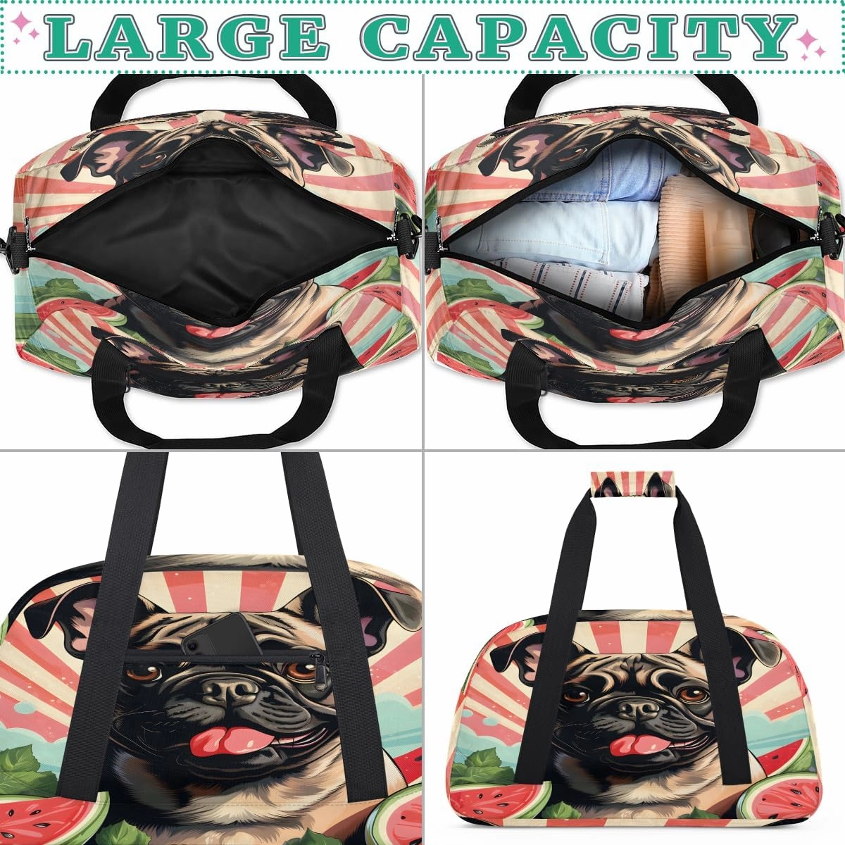 Cute Pug Dog Kids Overnighter Duffel Bags for Boys, Carry-On Size Sports Gym Bag with Front Zipper Pocket for School Practice or Overnight Travel Weekender Sleepover Tote Bag