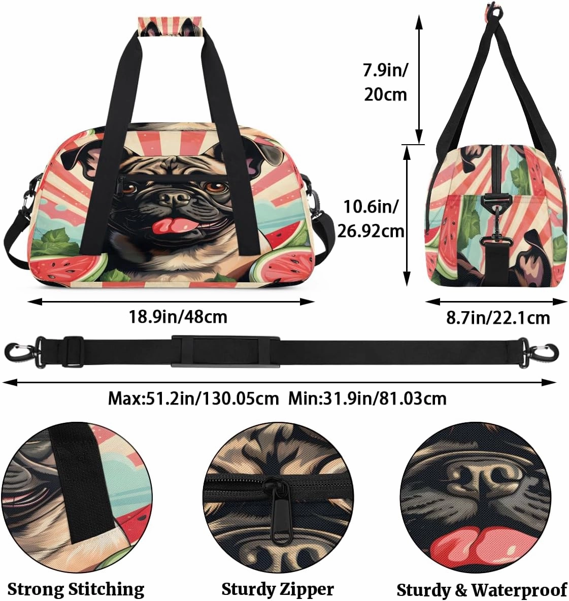 Cute Pug Dog Kids Overnighter Duffel Bags for Boys, Carry-On Size Sports Gym Bag with Front Zipper Pocket for School Practice or Overnight Travel Weekender Sleepover Tote Bag