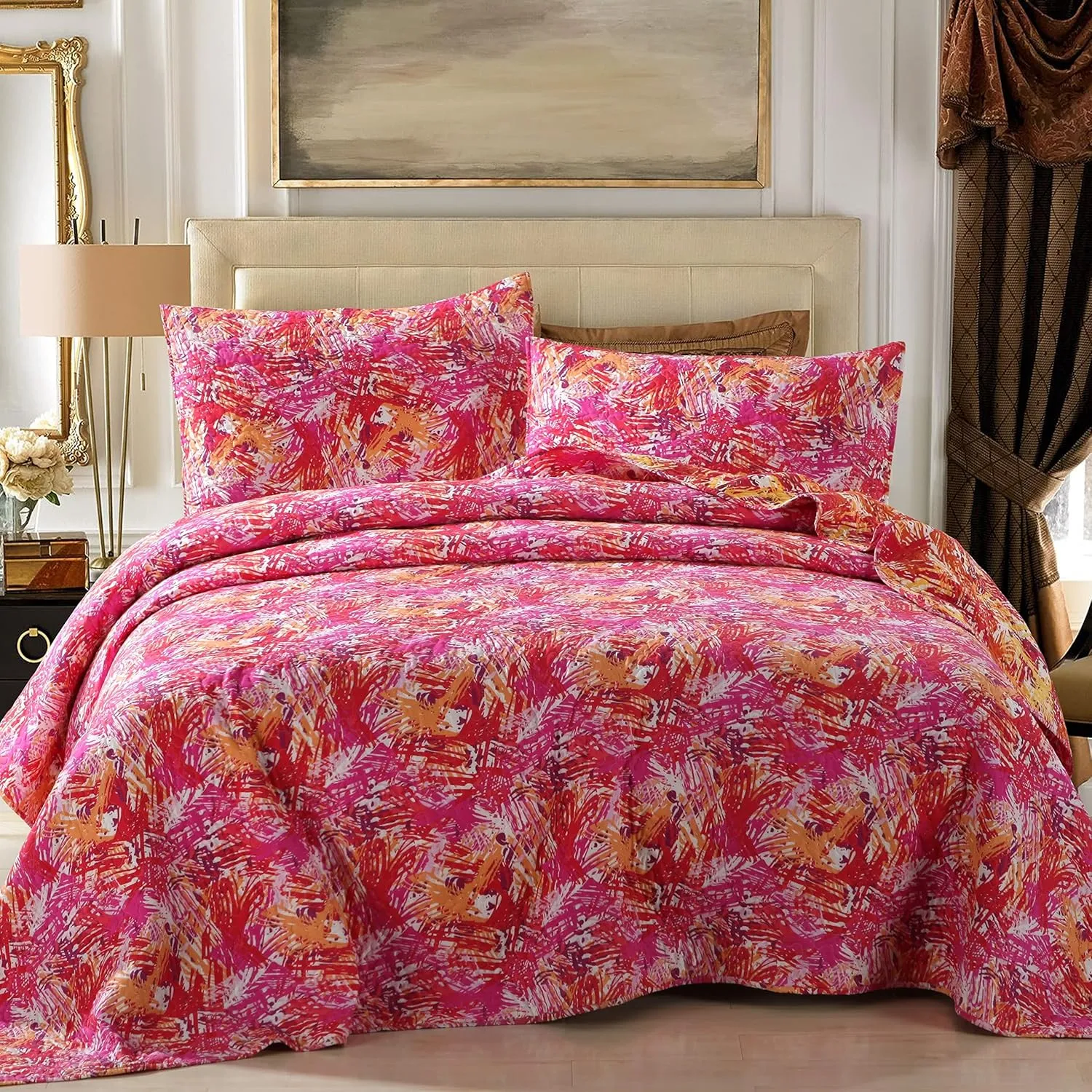 DaDa Bedding Fall Reversible Bedspread Set - Hawaiian Star Burst Pop Hawaiian Multi Colorful - Bright Vibrant Pink Orange Purple - King - 3-Pieces
