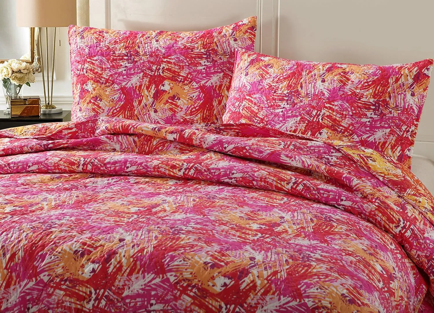 DaDa Bedding Fall Reversible Bedspread Set - Hawaiian Star Burst Pop Hawaiian Multi Colorful - Bright Vibrant Pink Orange Purple - King - 3-Pieces