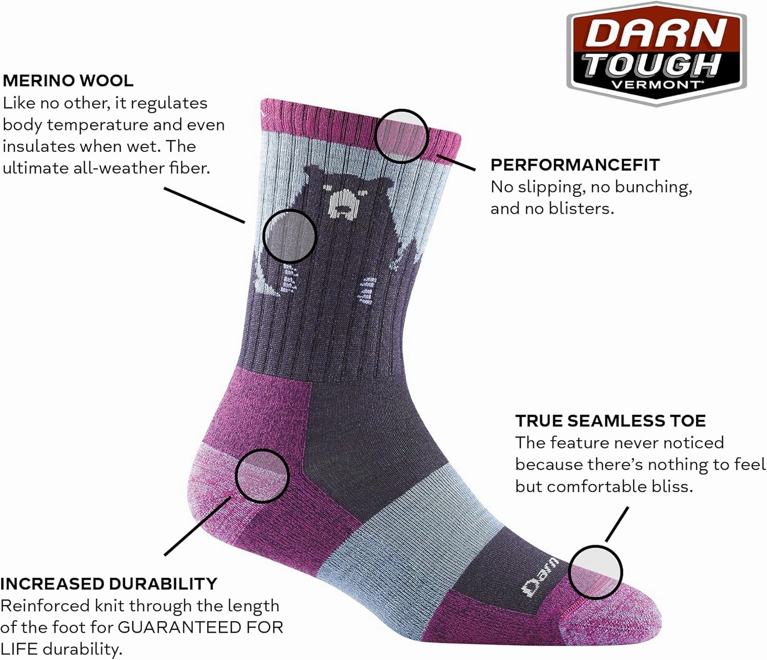 Darn Tough Bear Town Micro Crew Lightweight with Cushion Sock - Women's