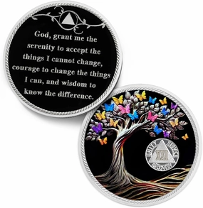 Delicate 21 Year Sobriety Coin - Recovery Butterfly Tree of Life AA Coins - 21 Year NA HA AA Chips and Medallions - 1-62 Years Living Clean Narcotics Alcoholics Anonymous Gifts for Men Women