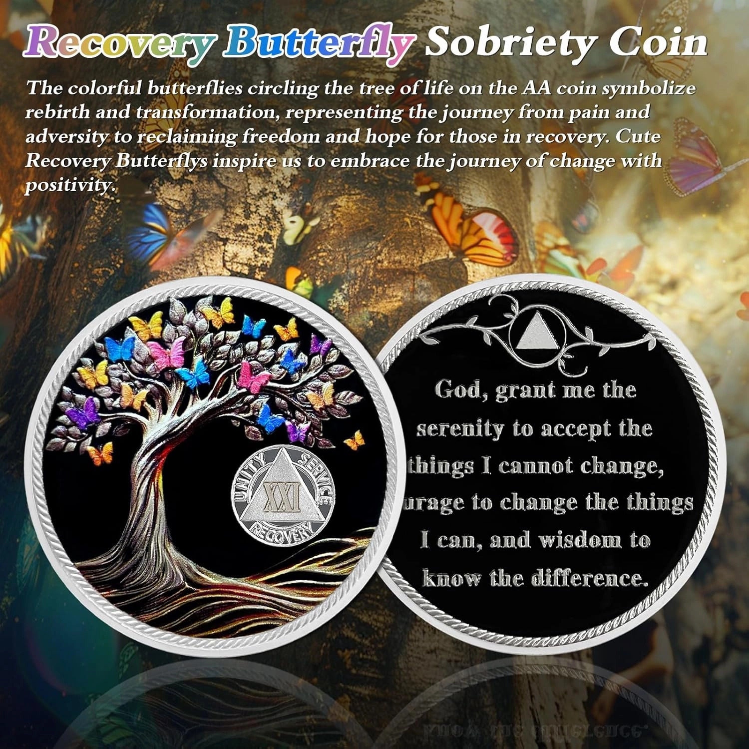 Delicate 21 Year Sobriety Coin - Recovery Butterfly Tree of Life AA Coins - 21 Year NA HA AA Chips and Medallions - 1-62 Years Living Clean Narcotics Alcoholics Anonymous Gifts for Men Women