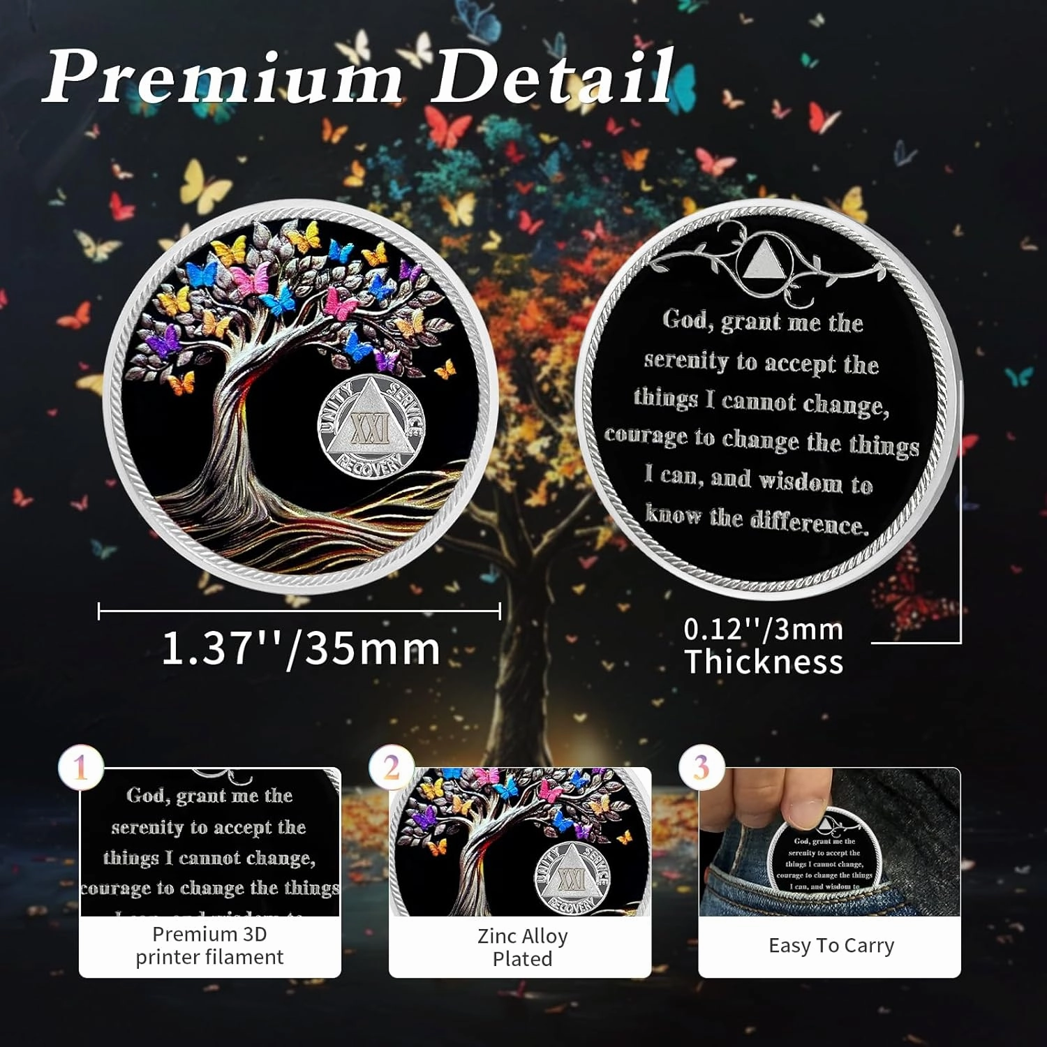 Delicate 21 Year Sobriety Coin - Recovery Butterfly Tree of Life AA Coins - 21 Year NA HA AA Chips and Medallions - 1-62 Years Living Clean Narcotics Alcoholics Anonymous Gifts for Men Women