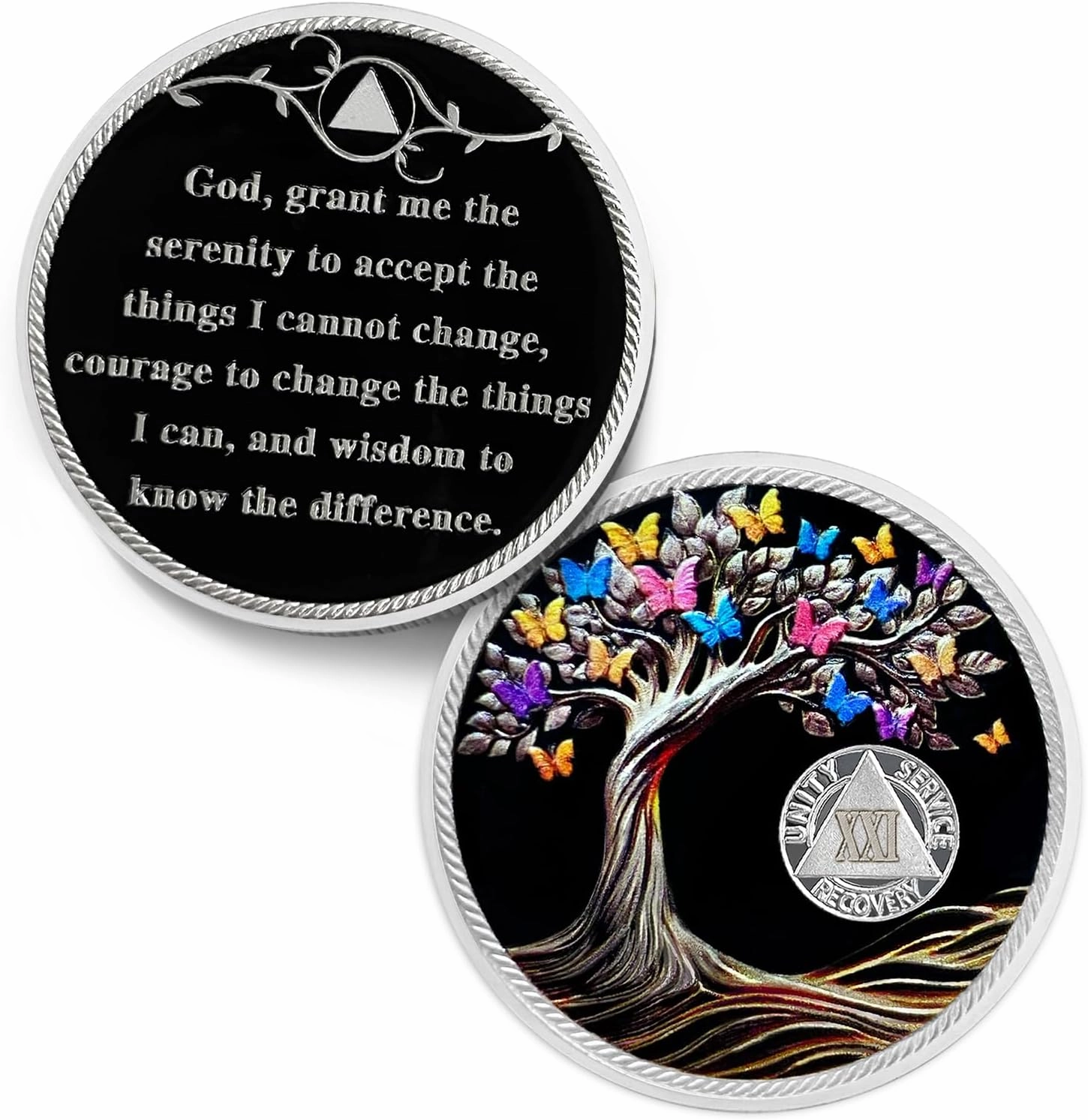 Delicate 21 Year Sobriety Coin - Recovery Butterfly Tree of Life AA Coins - 21 Year NA HA AA Chips and Medallions - 1-62 Years Living Clean Narcotics Alcoholics Anonymous Gifts for Men Women