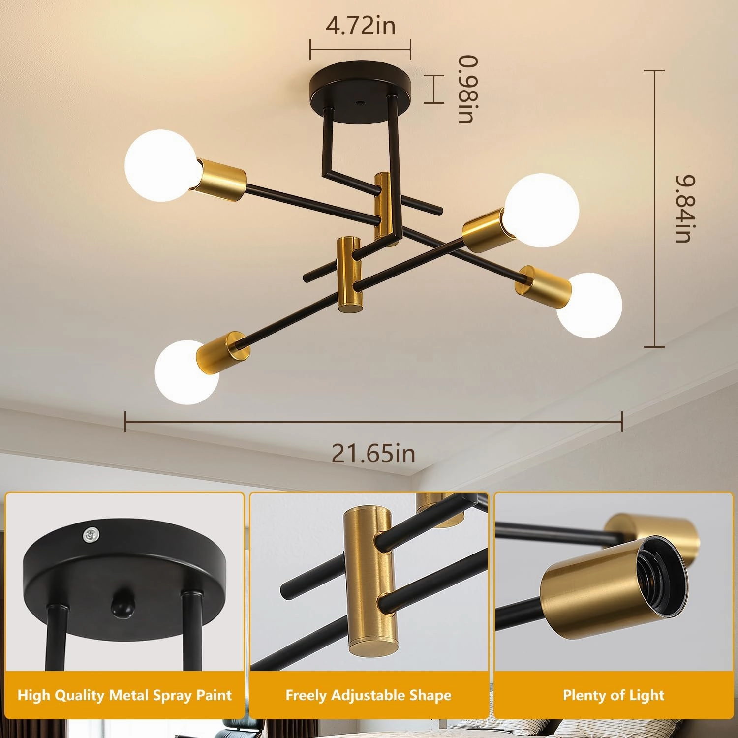 DELIPOP Sputnik Light Fixture, 4 Light Black and Gold Modern Sputnik Chandelier Ceiling Light, E26 Industrial Metal Semi Flush Mount Ceiling Light for Bedroom, Dining Room, Living Room, Kitchen