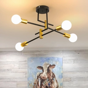 DELIPOP Sputnik Light Fixture, 4 Light Black and Gold Modern Sputnik Chandelier Ceiling Light, E26 Industrial Metal Semi Flush Mount Ceiling Light for Bedroom, Dining Room, Living Room, Kitchen