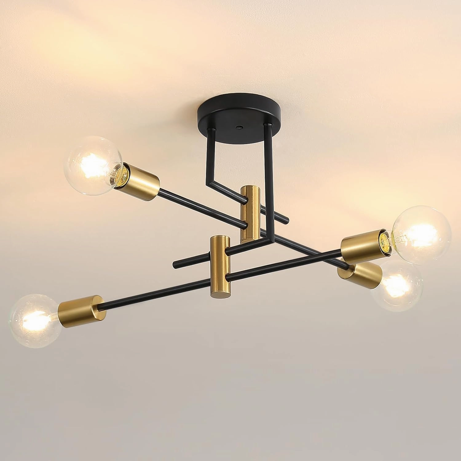 DELIPOP Sputnik Light Fixture, 4 Light Black and Gold Modern Sputnik Chandelier Ceiling Light, E26 Industrial Metal Semi Flush Mount Ceiling Light for Bedroom, Dining Room, Living Room, Kitchen