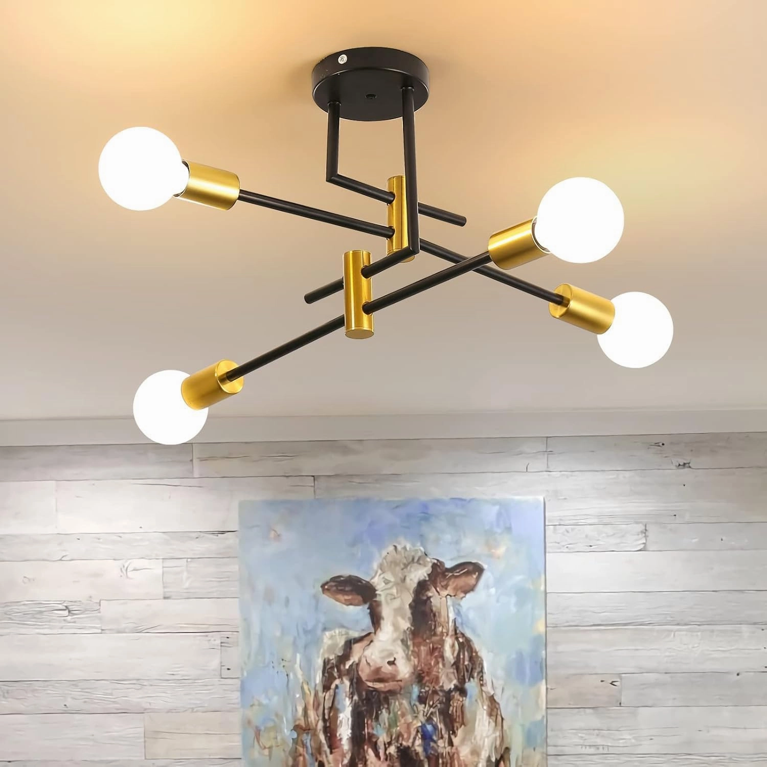 DELIPOP Sputnik Light Fixture, 4 Light Black and Gold Modern Sputnik Chandelier Ceiling Light, E26 Industrial Metal Semi Flush Mount Ceiling Light for Bedroom, Dining Room, Living Room, Kitchen