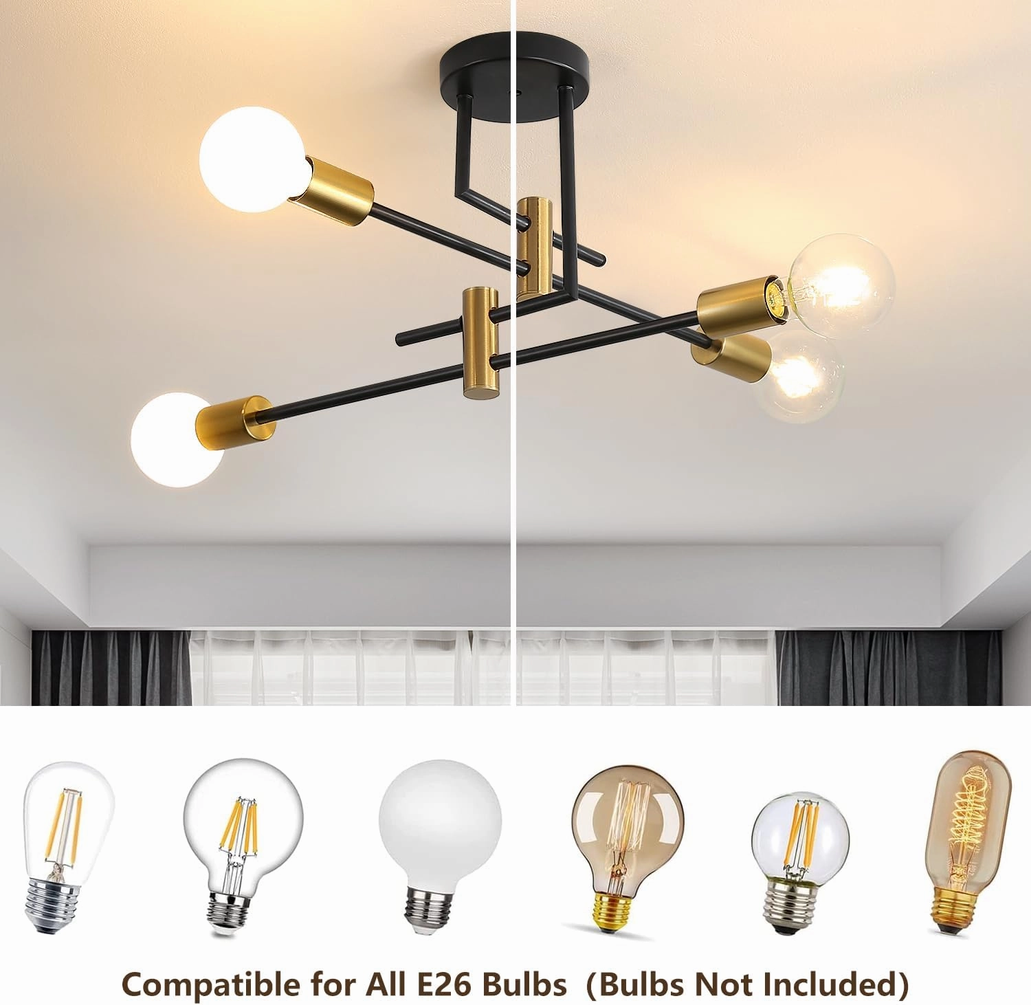DELIPOP Sputnik Light Fixture, 4 Light Black and Gold Modern Sputnik Chandelier Ceiling Light, E26 Industrial Metal Semi Flush Mount Ceiling Light for Bedroom, Dining Room, Living Room, Kitchen