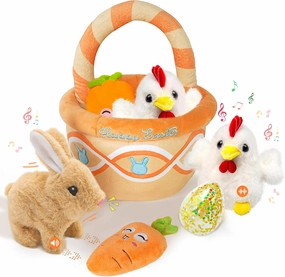 digi Easter Basket Stuffers for Toddler, 5Pcs Easter Basket Plush Playset with Egg, Carrot, Chick and Realistic Bunny Hopping Toy, Party Favor Gifts for Kids 3  Years Old