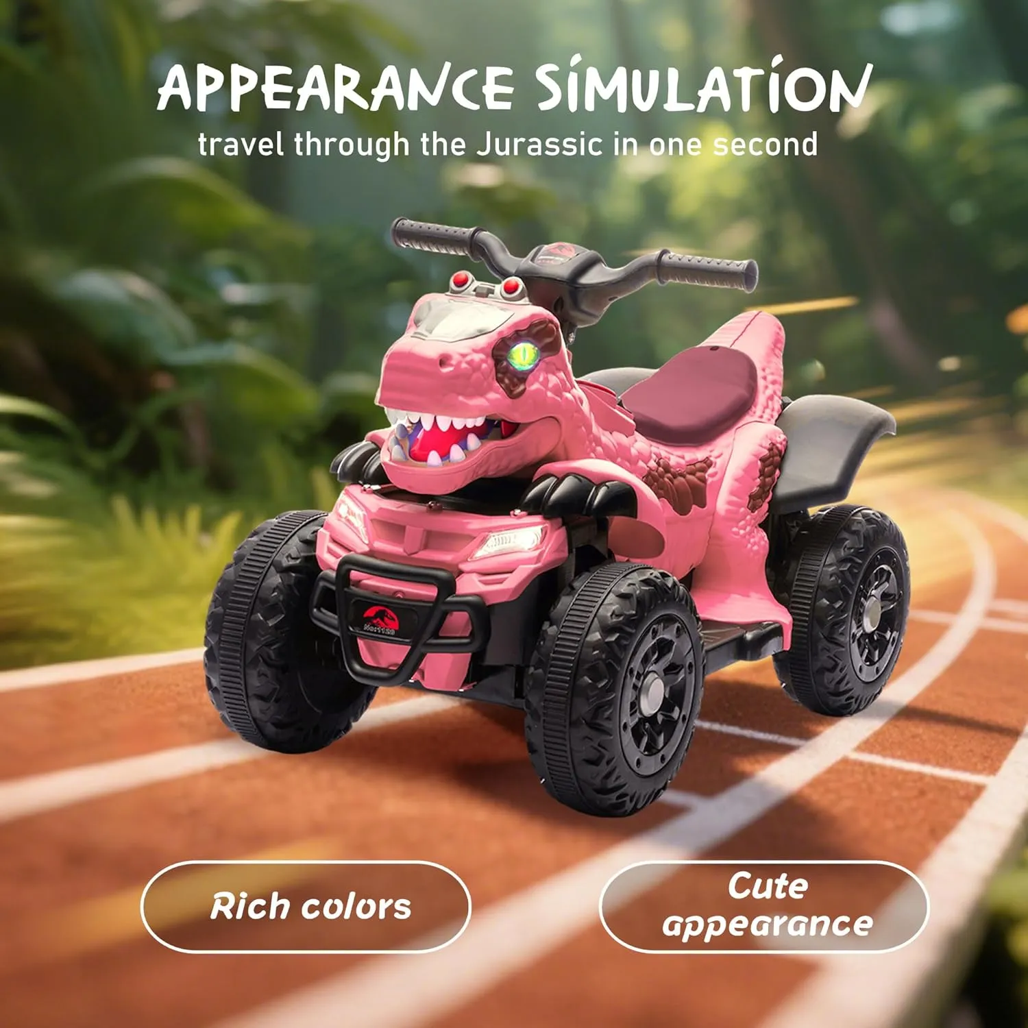 Dinosaur Electric Ride On ATV for Kids 3  Years, 12V Battery Powered 4 Wheeler Toy Car with Music, Bluetooth & LED Lights, 66LB Weight Capacity, 1.86MPH Safe Speed, Pink