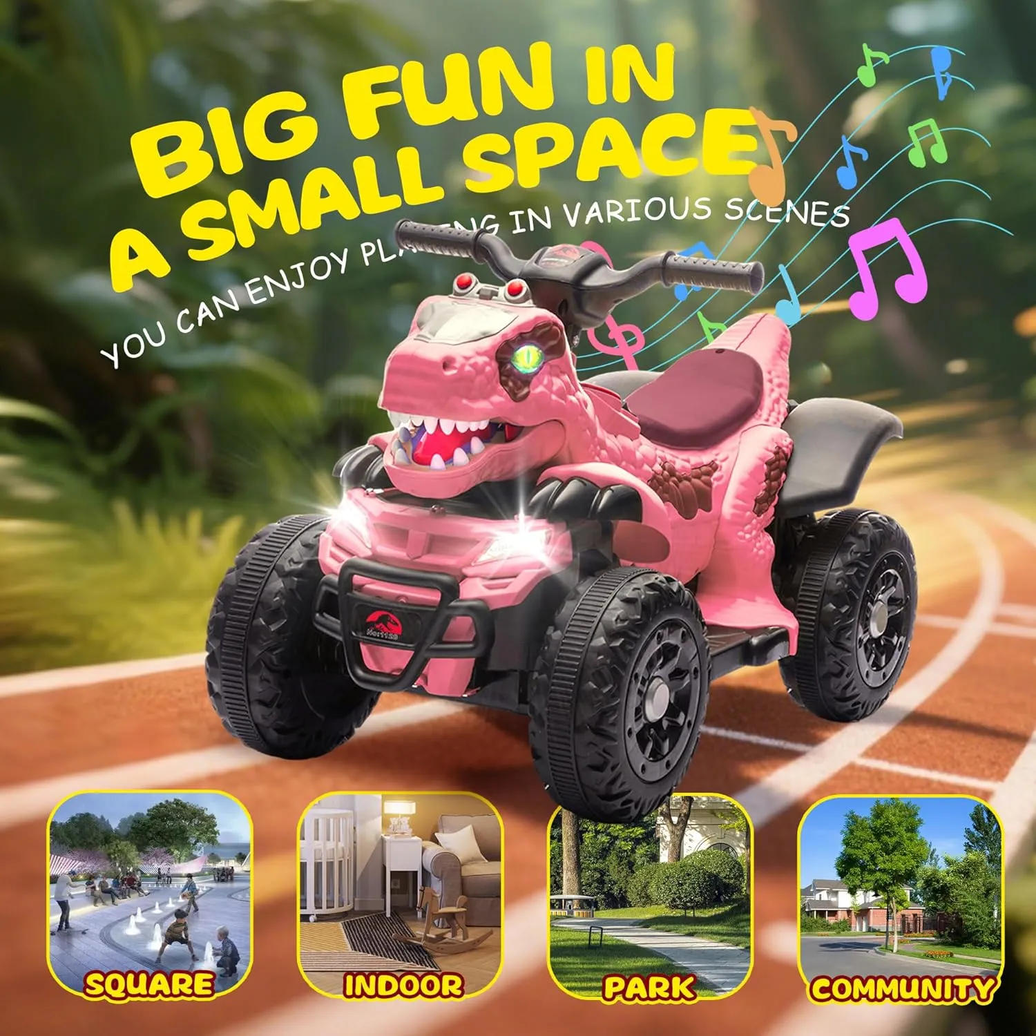 Dinosaur Electric Ride On ATV for Kids 3  Years, 12V Battery Powered 4 Wheeler Toy Car with Music, Bluetooth & LED Lights, 66LB Weight Capacity, 1.86MPH Safe Speed, Pink