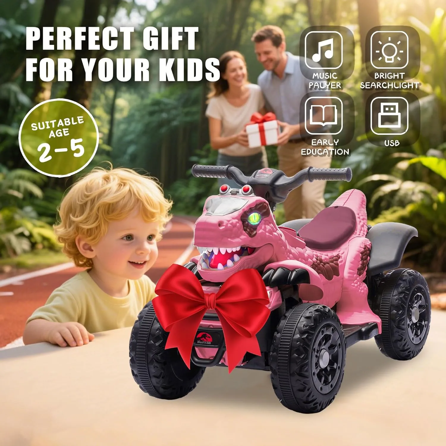 Dinosaur Electric Ride On ATV for Kids 3  Years, 12V Battery Powered 4 Wheeler Toy Car with Music, Bluetooth & LED Lights, 66LB Weight Capacity, 1.86MPH Safe Speed, Pink