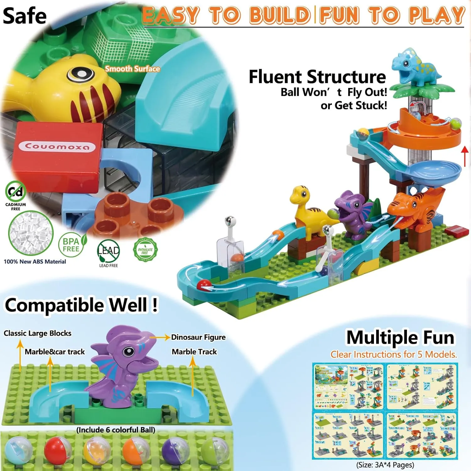Dinosaur Marble Run Building for Kids: 3 4 5 6 7 8 Years Old Classic Big STEM Building Blocks for Kids - Montessori Toy for Preschool Nursery - Christmas Birthday Gift for Boys Girls