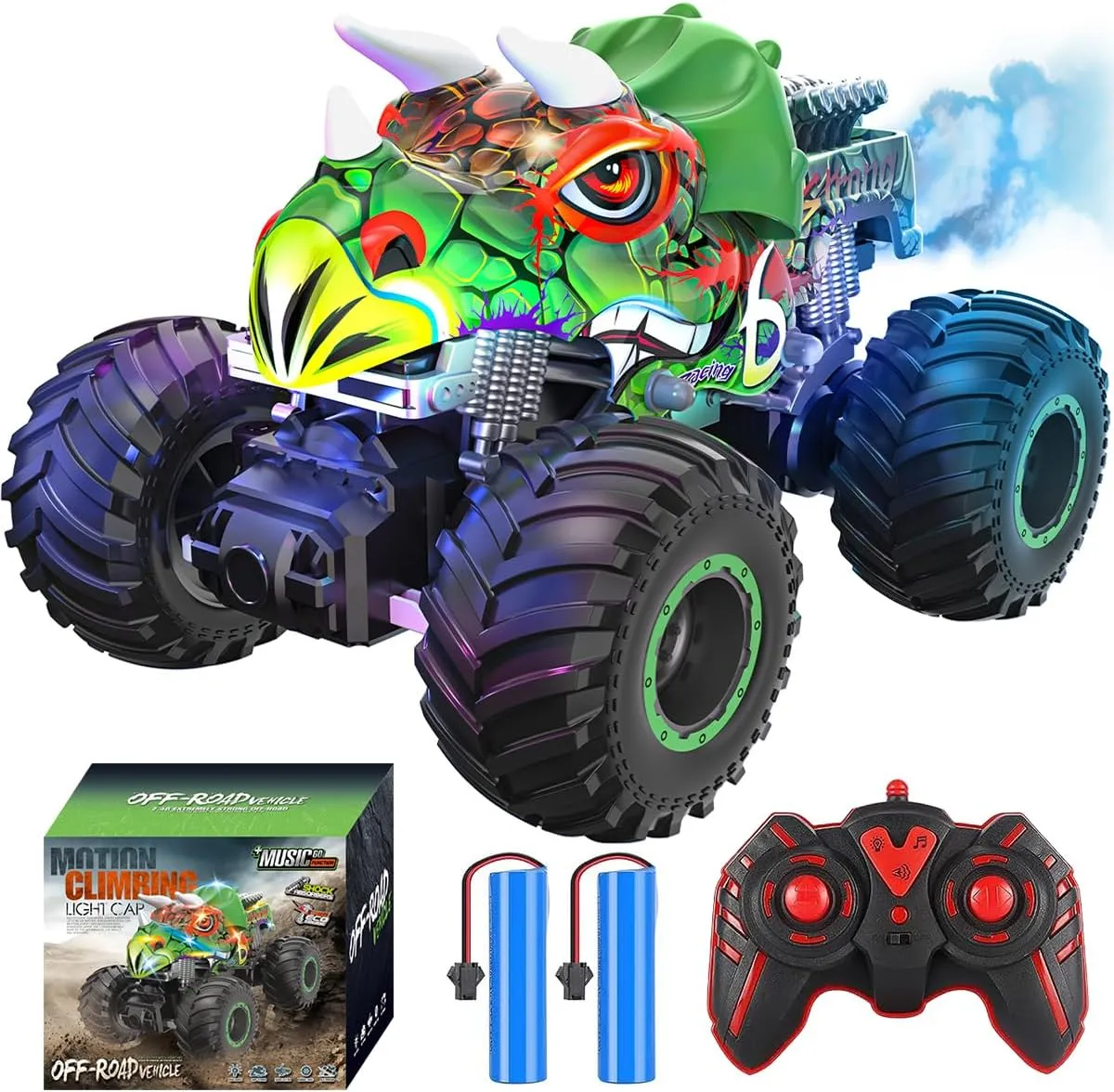 Dinosaur Monster Truck Toys for Boys -Remote Control Dinosaur Monster Cars, All Terrain RC Car - Shark Dinosaur Monster Truck Spray Music Light for Birthday Christmas Kids 4-7 8-12