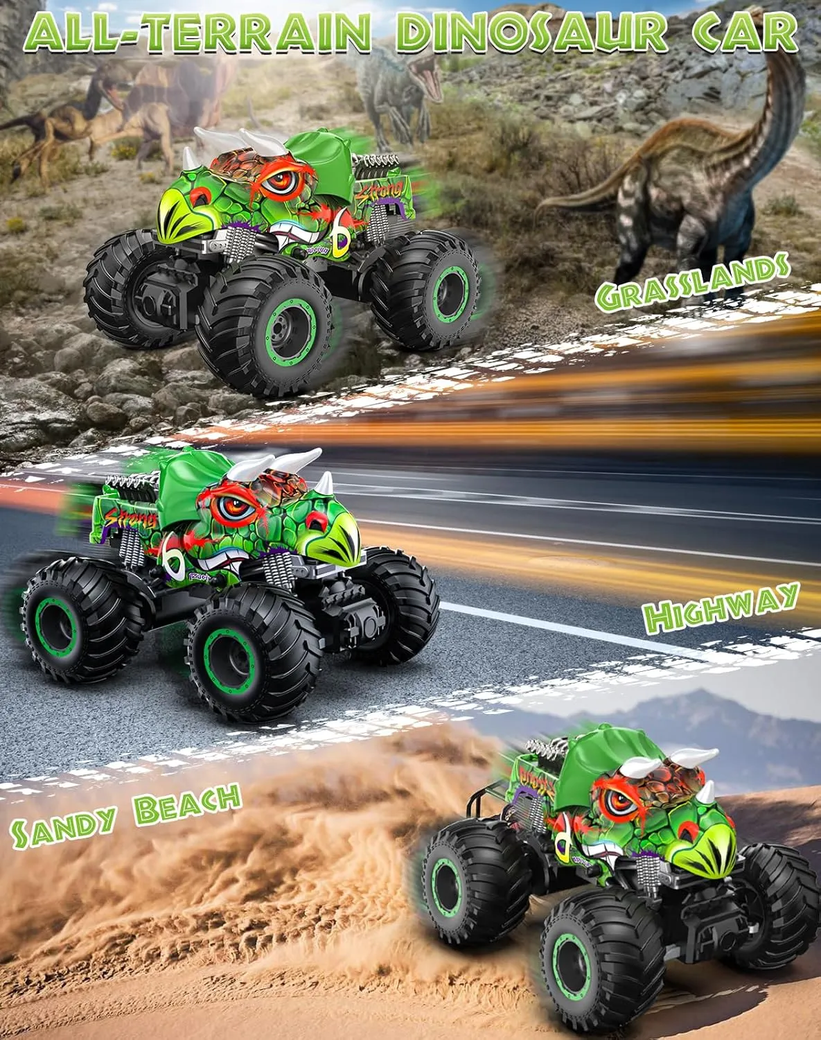 Dinosaur Monster Truck Toys for Boys -Remote Control Dinosaur Monster Cars, All Terrain RC Car - Shark Dinosaur Monster Truck Spray Music Light for Birthday Christmas Kids 4-7 8-12