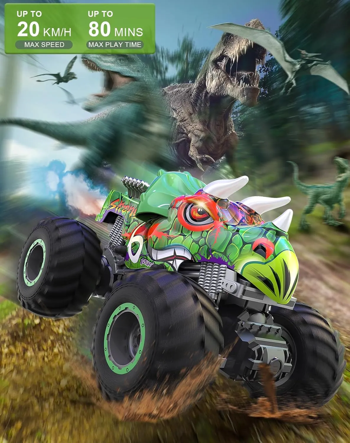 Dinosaur Monster Truck Toys for Boys -Remote Control Dinosaur Monster Cars, All Terrain RC Car - Shark Dinosaur Monster Truck Spray Music Light for Birthday Christmas Kids 4-7 8-12