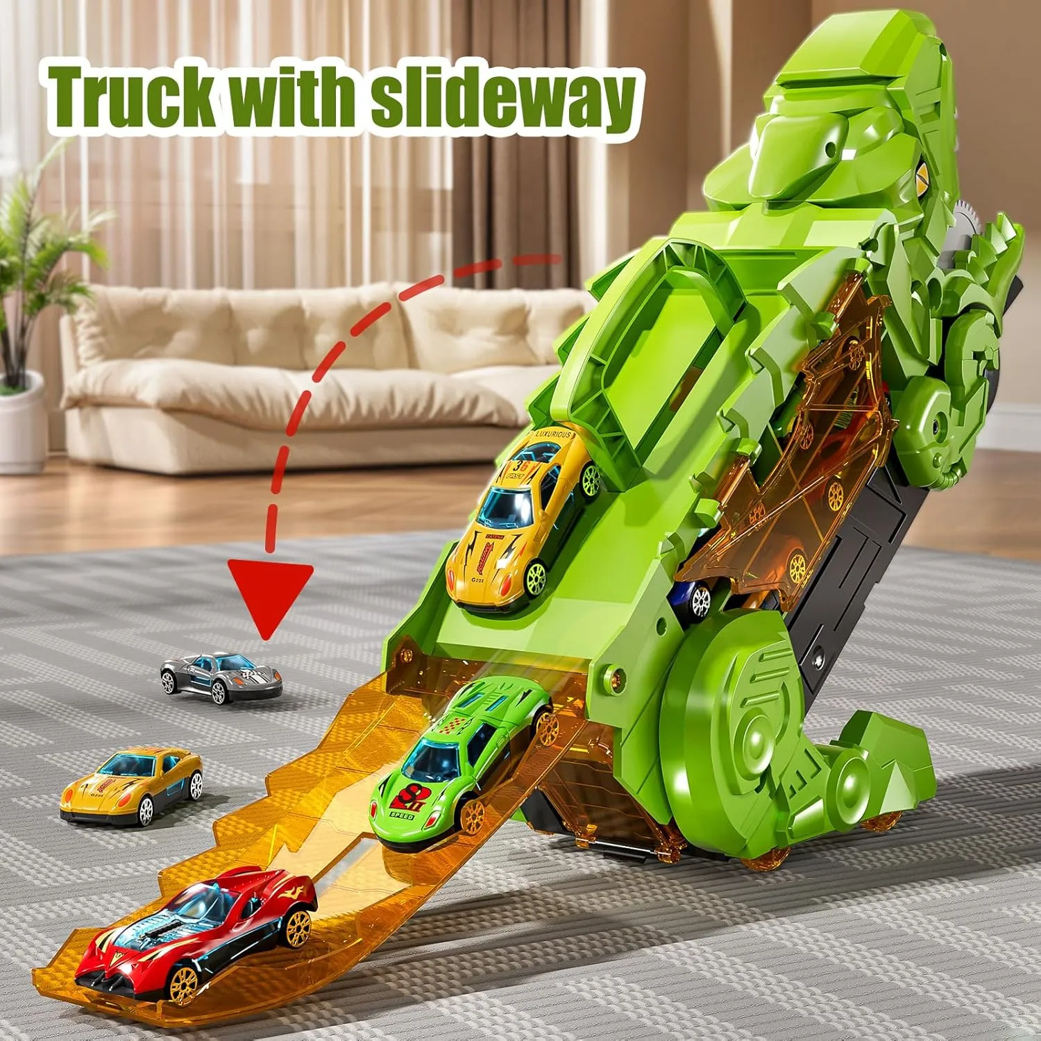 Dinosaur Planet Truck Toys for Boys 3 4 5 6 7 8 Year Old - 2 Layer Transformed Dinosaur Transport Car Carrier Truck with 12 Diecast Race Cars, Car Track Set for Kids 3-5, Birthday Gifts Toys(Green)