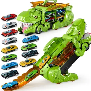 Dinosaur Planet Truck Toys for Boys 3 4 5 6 7 8 Year Old - 2 Layer Transformed Dinosaur Transport Car Carrier Truck with 12 Diecast Race Cars, Car Track Set for Kids 3-5, Birthday Gifts Toys(Green)