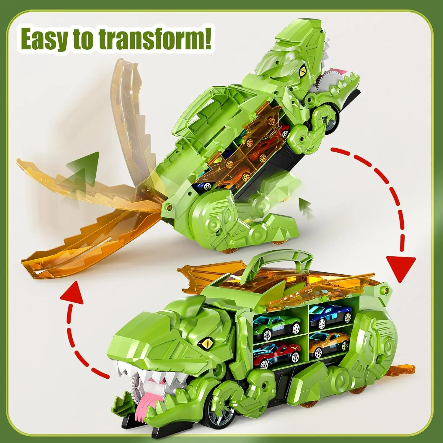 Dinosaur Planet Truck Toys for Boys 3 4 5 6 7 8 Year Old - 2 Layer Transformed Dinosaur Transport Car Carrier Truck with 12 Diecast Race Cars, Car Track Set for Kids 3-5, Birthday Gifts Toys(Green)