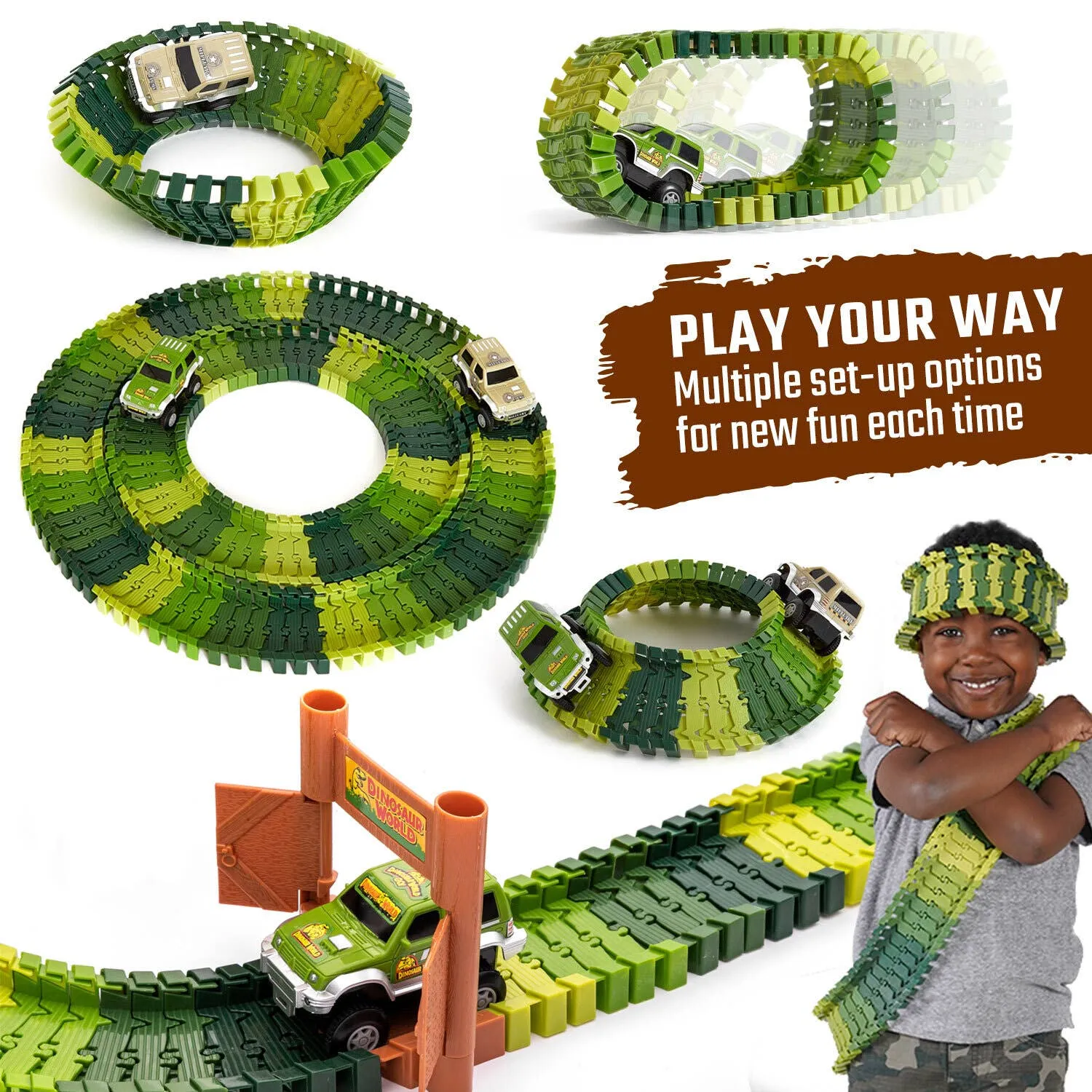 Dinosaur Race Car Journey Track Set Toy, STEM Glow In The Dark Toy
