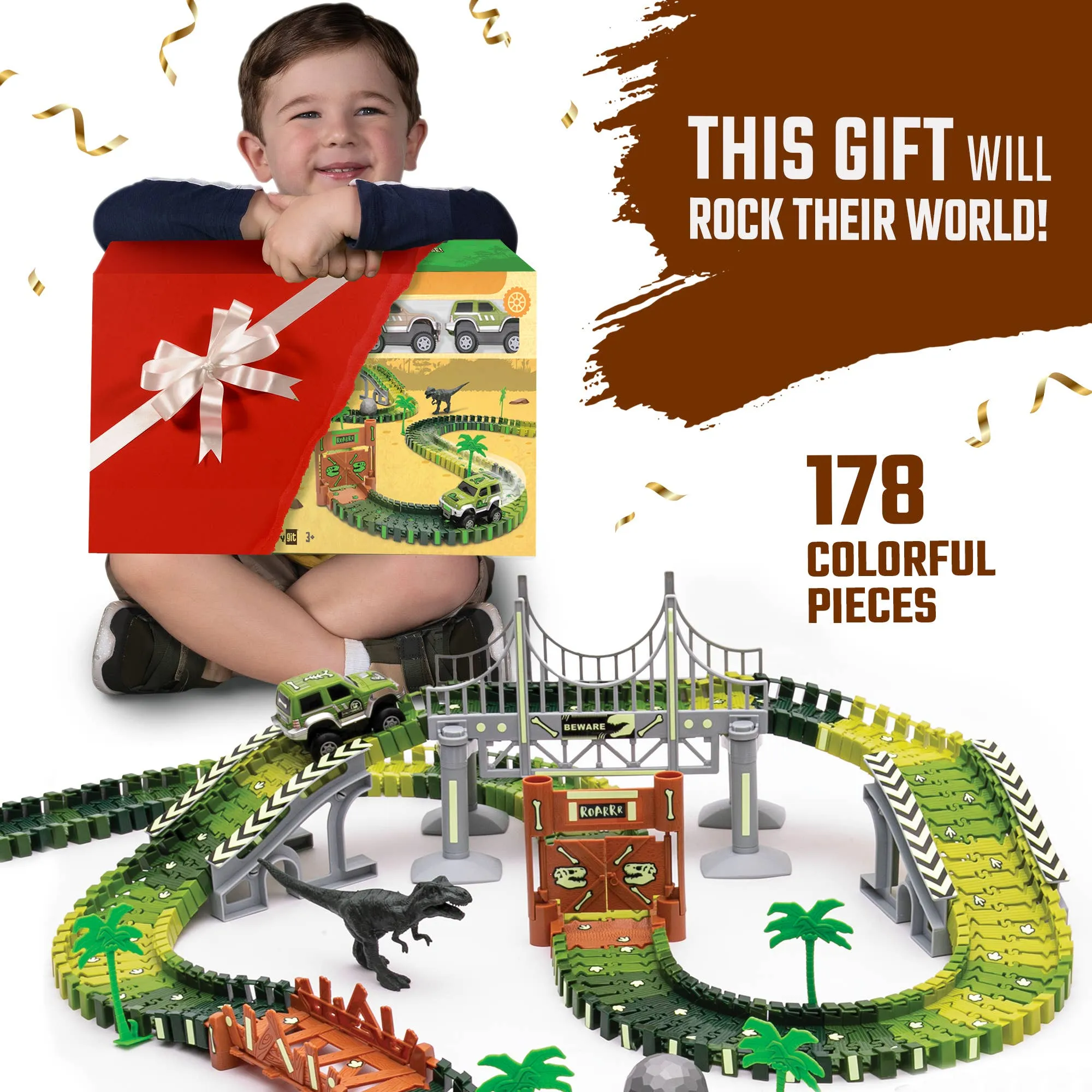 Dinosaur Race Car Journey Track Set Toy, STEM Glow In The Dark Toy