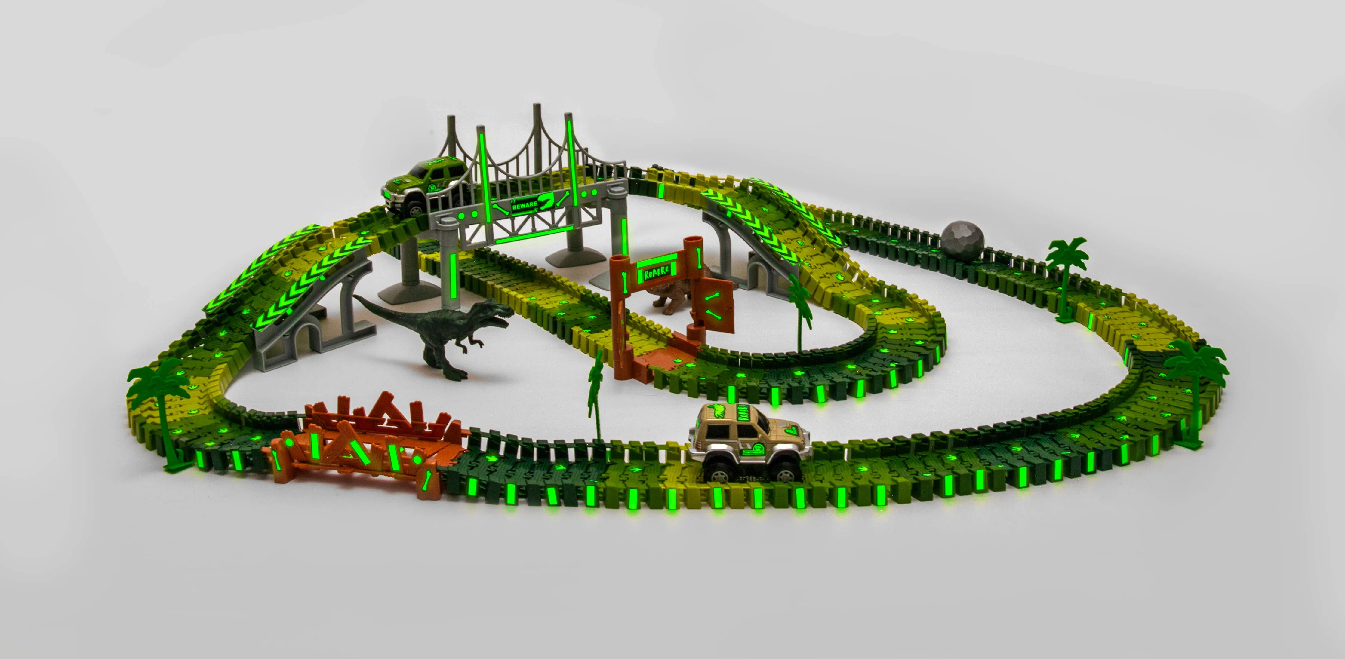 Dinosaur Race Car Journey Track Set Toy, STEM Glow In The Dark Toy