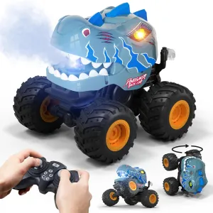 Dinosaur Remote Control Car for Boys 4-7, 360° Rotating Stunt Vehicle, 2.4GHz All Terrain RC Monster Truck Toys with Spray, Light & Sound for Kids 8-12, Birthday Gift for Boys (Grey)