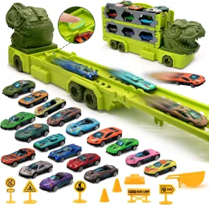 Dinosaur Toy Truck for Kids 3-5 with 18 Themed Cars, Toddlers Toy Car with 2 Player Race Track (5.5ft Foldable), Kids Easter Birthday Toys Vehicle (T-rex)