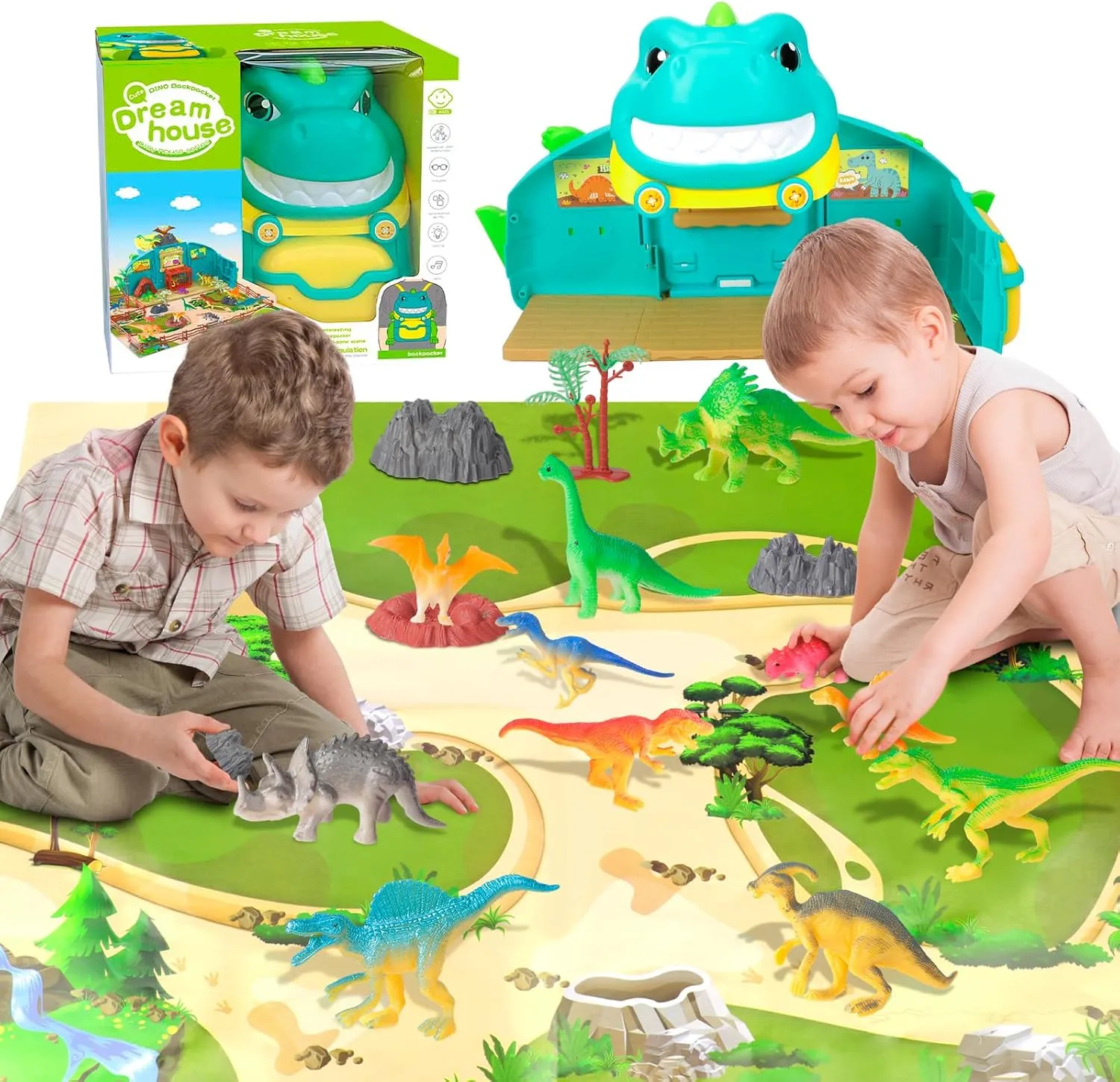 Dinosaur Toys Figures for Kids, Boys Realistic Dinosaur Figure Play Mat & Trees,DIY Pretend Dinosaur Plastic Toys Set Birthday Stegosaurus Triceratops Monoclonius Volcano Pterodactyl