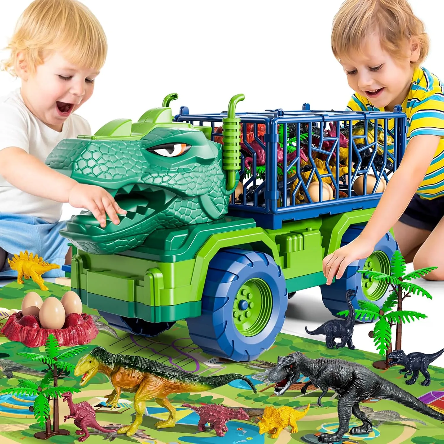 Dinosaur Toys for Ages 2-4,Dinosaur Truck for Kids 3-5 with 8 Dinosaur Figures,Play Mat,Egg,Tree,T-Rex Transport Car Carrier Birthday Gifts Toys for Boys 2 3 4 5 6 Year Old