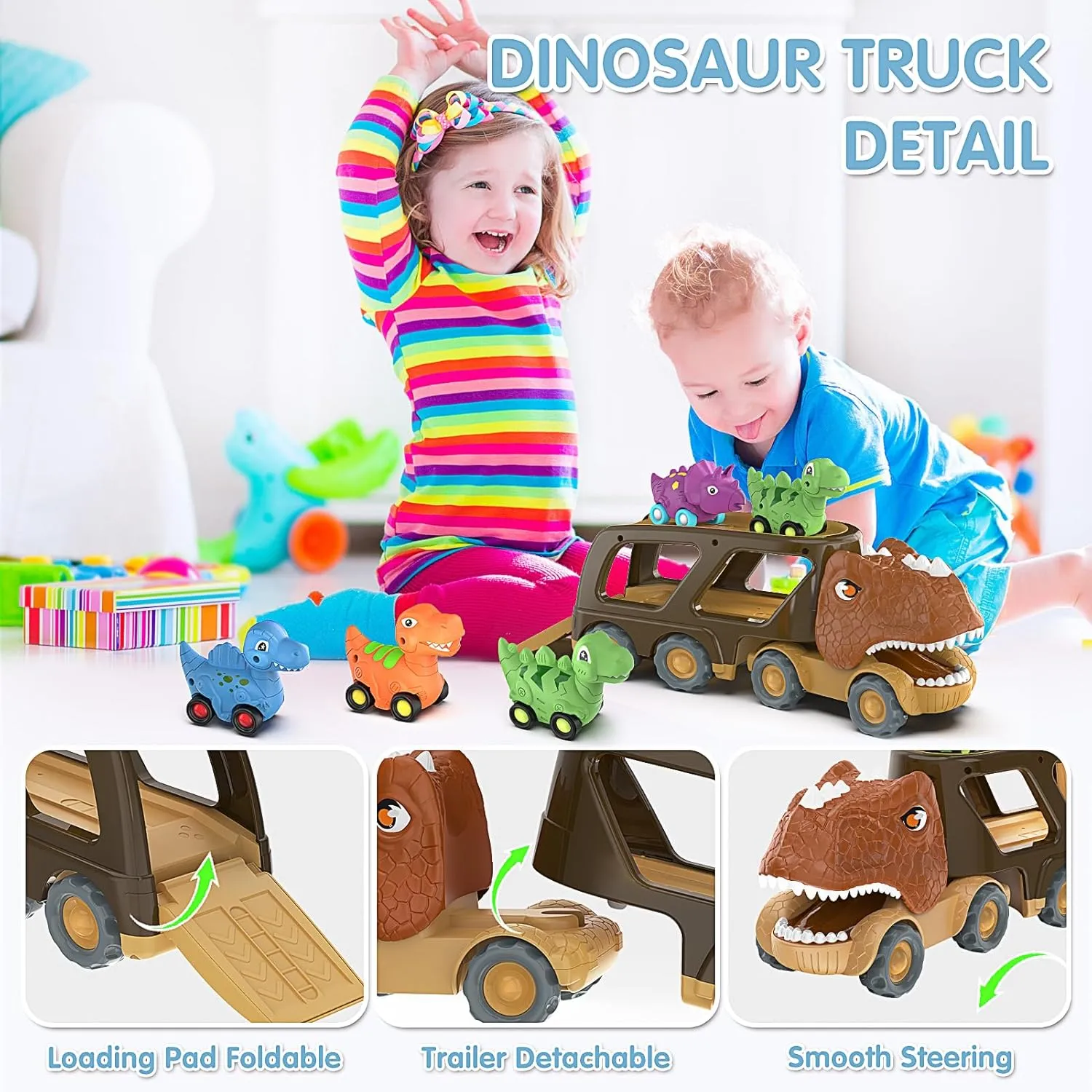 Dinosaur Toys for Kids 2-4 Boys,Dinosaur Car Carrier Truck Toy with 4 Pull Back Dino Car，Dinosaur Truck for 2 3 4 5 Year Old Boy Toys,2 3 4 5 Year Old Boy Birthday Gift with Dino Sound.