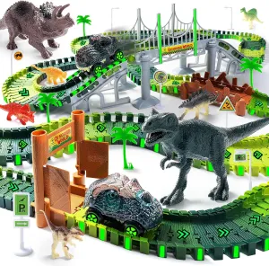 Dinosaur Toys for Kids 3-5, 218 PCS Create A Dinosaur World Road Race Track Glow in The Dark, 2 Dinosaur Cars, 8 Dinos, Car Track for Kids Toddler Boys Christmas Birthday Favor Gift