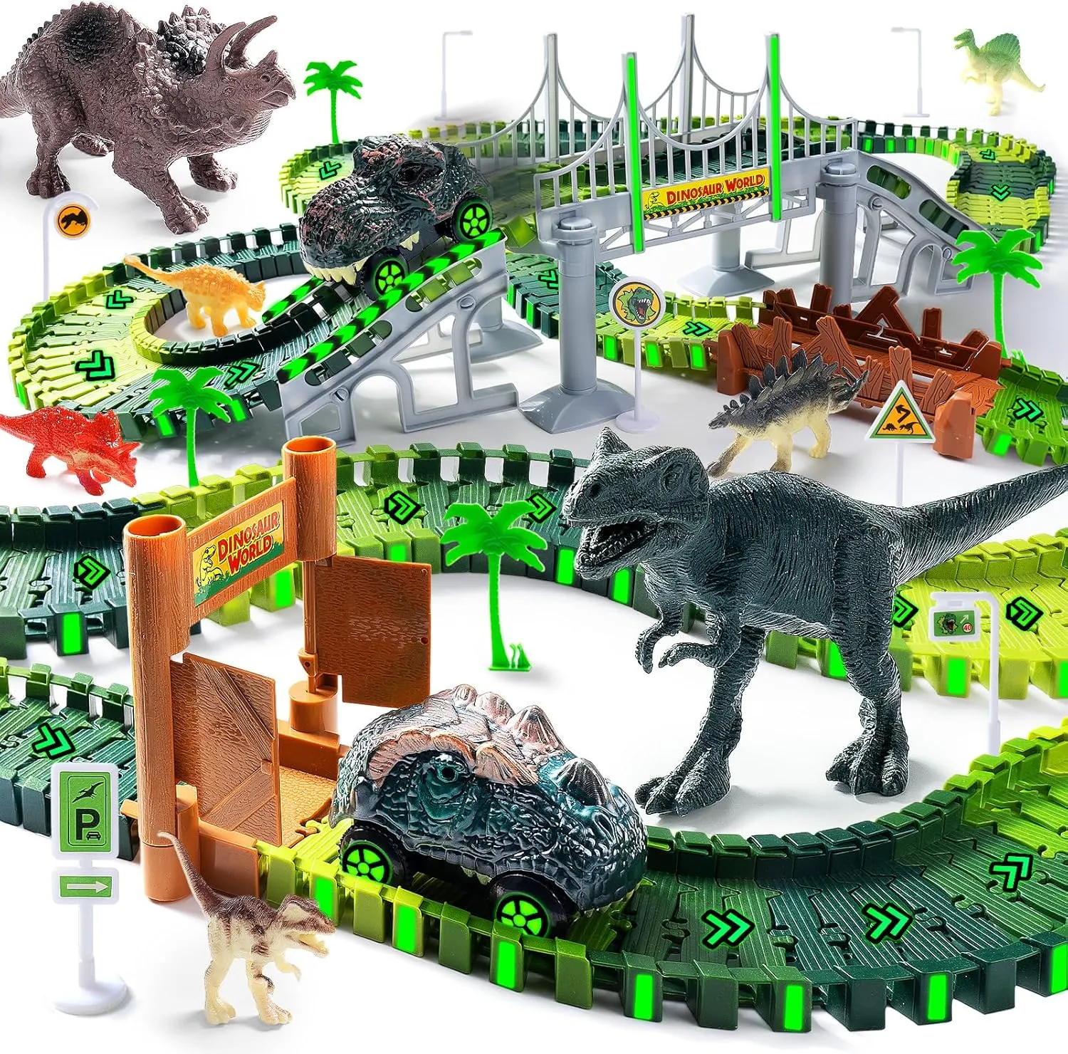 Dinosaur Toys for Kids 3-5, 218 PCS Create A Dinosaur World Road Race Track Glow in The Dark, 2 Dinosaur Cars, 8 Dinos, Car Track for Kids Toddler Boys Christmas Birthday Favor Gift