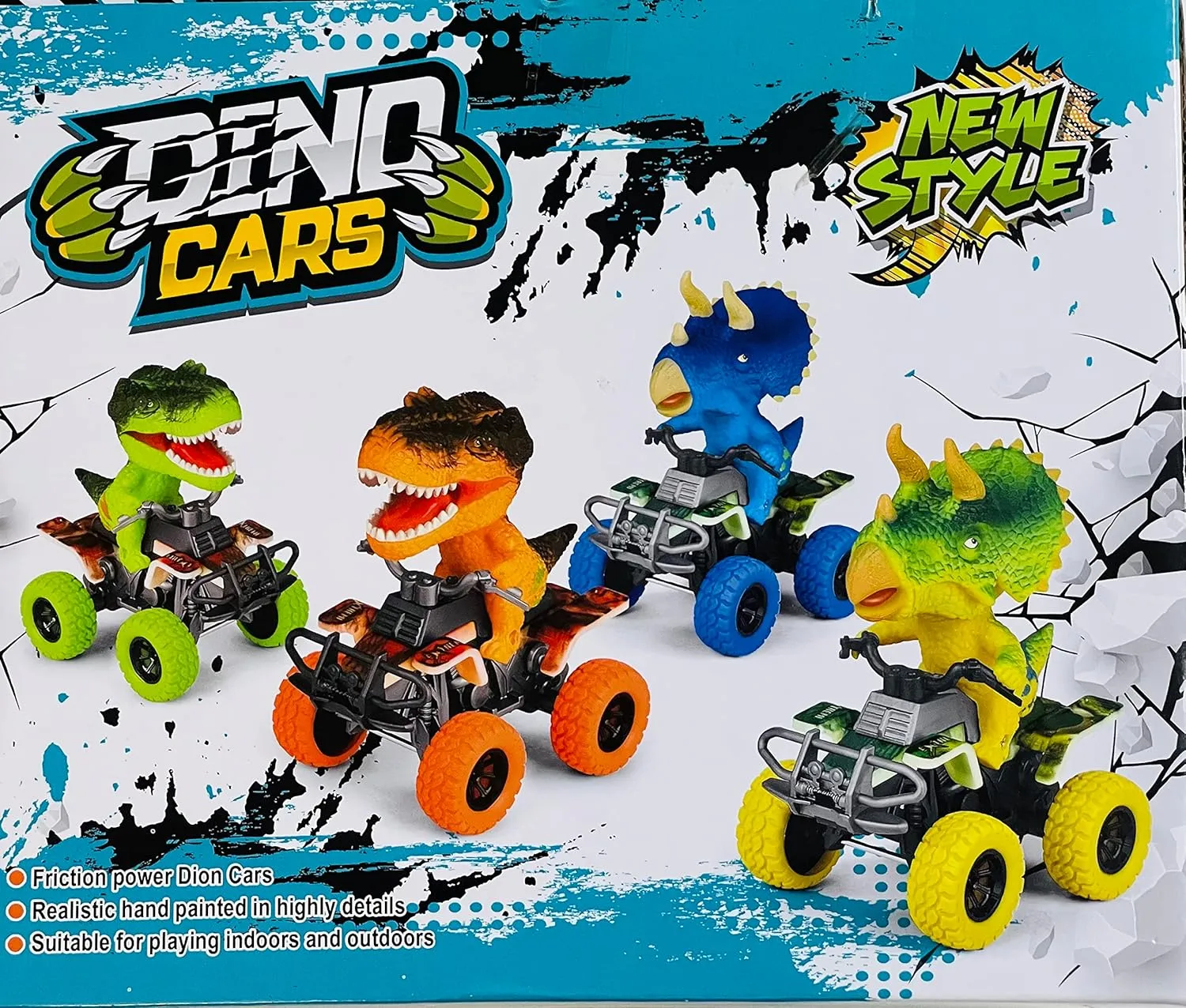 Dinosaur Truck Toy, 4 Jurassic Dinos on ATV, Push and Go Stunt Vehicles, Not Loud Toddler Friendly, Gift for Kids Age 3 , Inertia Power Forward n Backwards