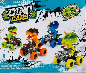 Dinosaur Truck Toy, 4 Jurassic Dinos on ATV, Push and Go Stunt Vehicles, Not Loud Toddler Friendly, Gift for Kids Age 3 , Inertia Power Forward n Backwards