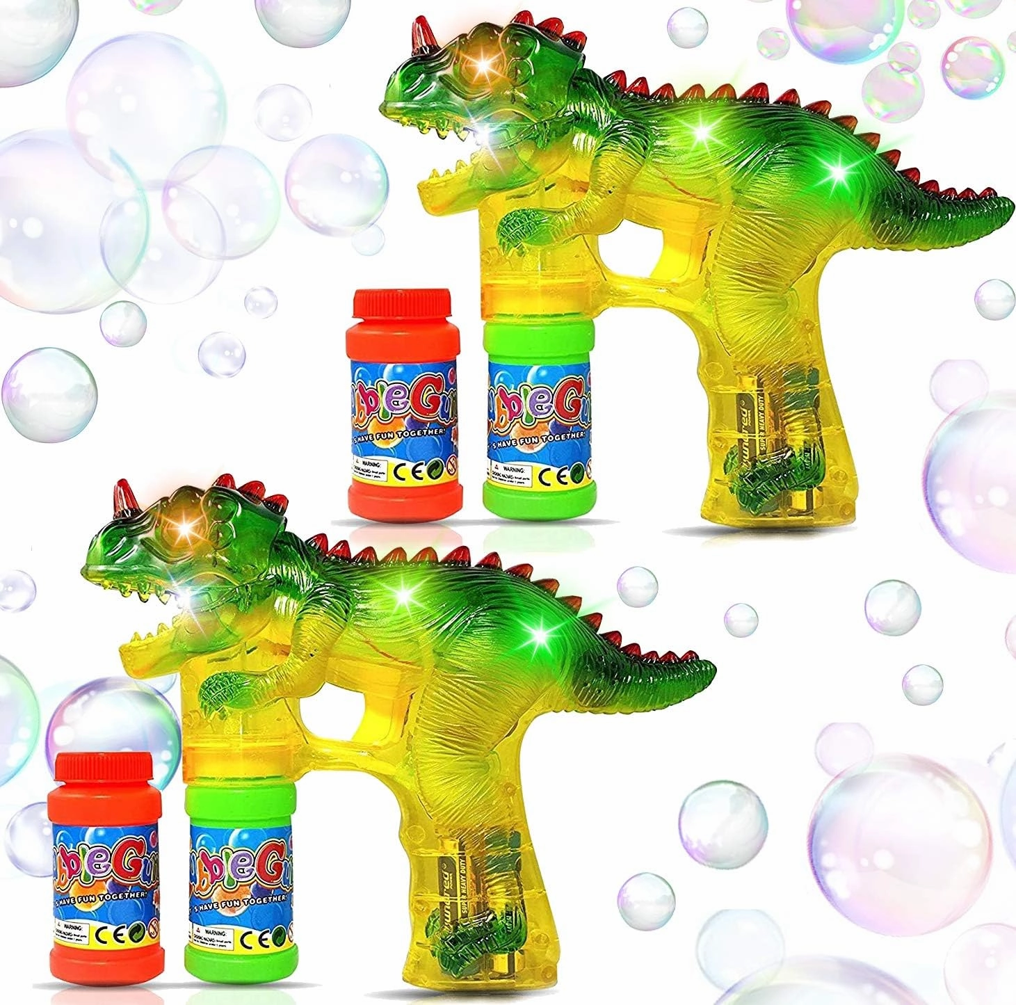 Dinosaur Bubble Guns: Set of 2 Bubble Toys | Battery Operated Bubble Maker Toy for Toddlers and Kids | 6 Batteries and 4 Refill Bottles Included