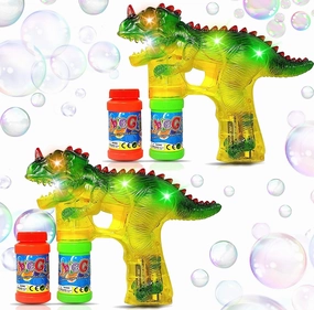 Dinosaur Bubble Guns: Set of 2 Bubble Toys | Battery Operated Bubble Maker Toy for Toddlers and Kids | 6 Batteries and 4 Refill Bottles Included