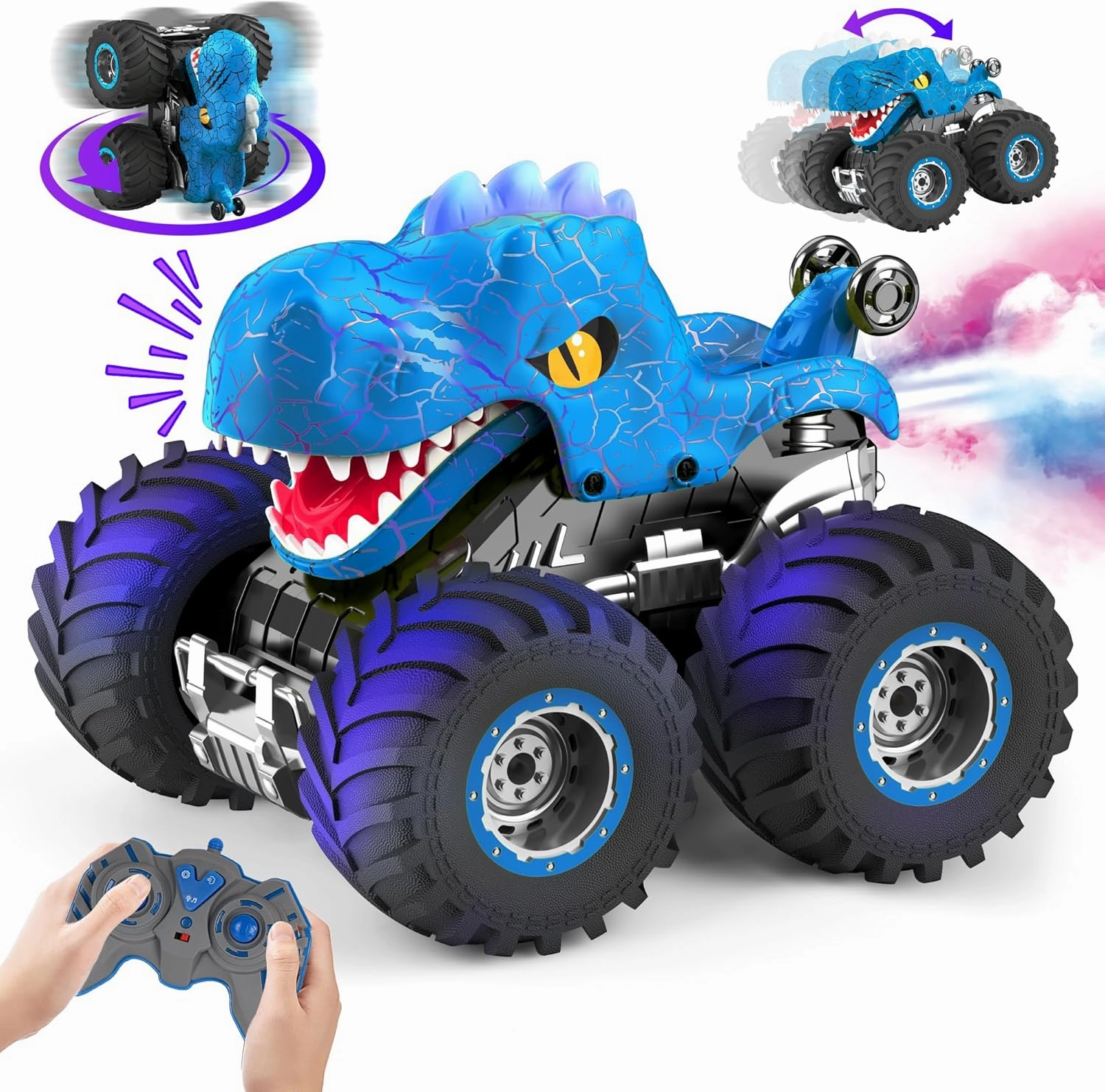 Dinosaur Remote Control Car for Kids, 2.4GHz 360° Rotating RC Monster Truck Toys for Boys Girls Age 4-7 with Spray, Light & Sound, All Terrain Stunt Cars with 2 Batteries, Birthday Gifts for Kids 6-12