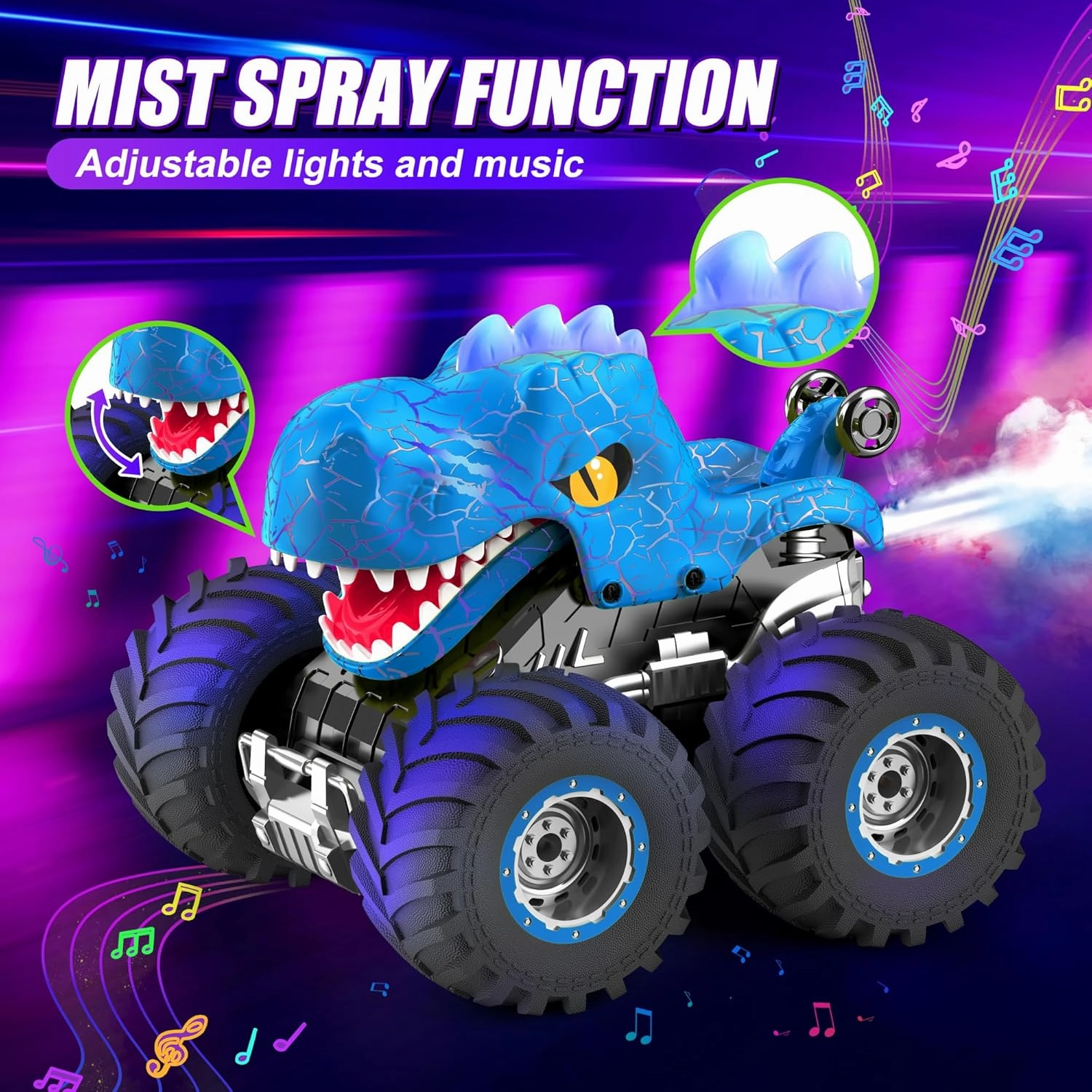Dinosaur Remote Control Car for Kids, 2.4GHz 360° Rotating RC Monster Truck Toys for Boys Girls Age 4-7 with Spray, Light & Sound, All Terrain Stunt Cars with 2 Batteries, Birthday Gifts for Kids 6-12