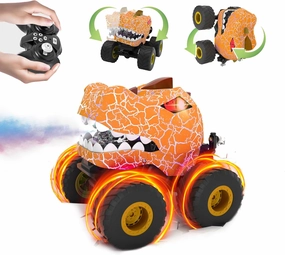 Dinosaur Remote Control Car,RC Monster Trucks for Boys 3-12 Year Old,360° Rotating RC Stunt Car Truck Toys with Spray,Light & Sound,All Terrain RC Cars Birthday Party Gift for Kids (Orange)